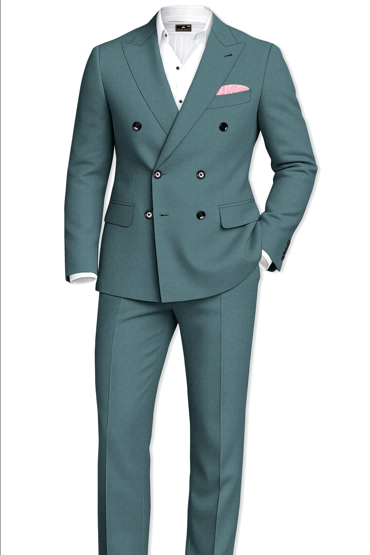 Viridian-Beetle Green Diamond Textured Wool Rich Slight Stretch Double Breasted Blazer