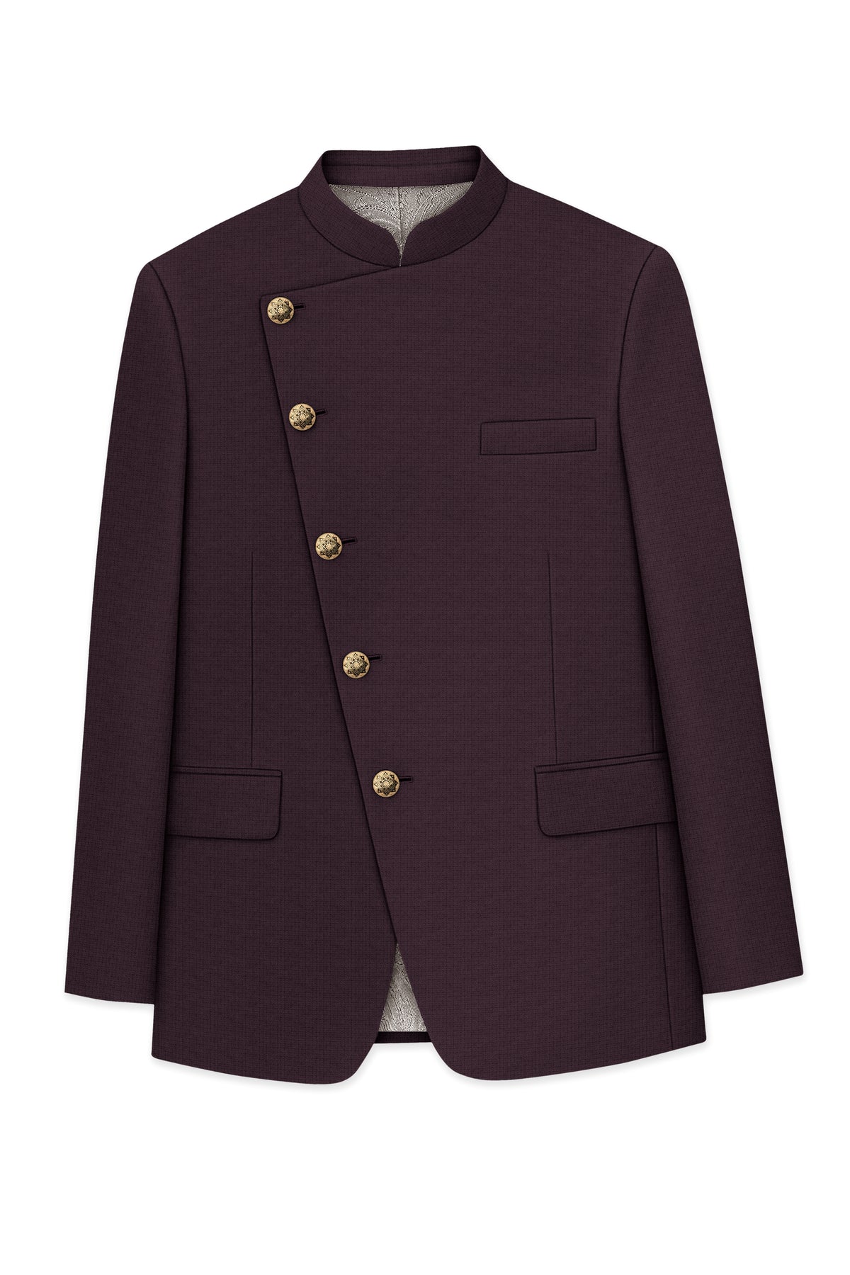 Velaris-Thunder Purple Diamond Textured Wool Rich Slight Stretch Cross Placket Bandhgala Blazer