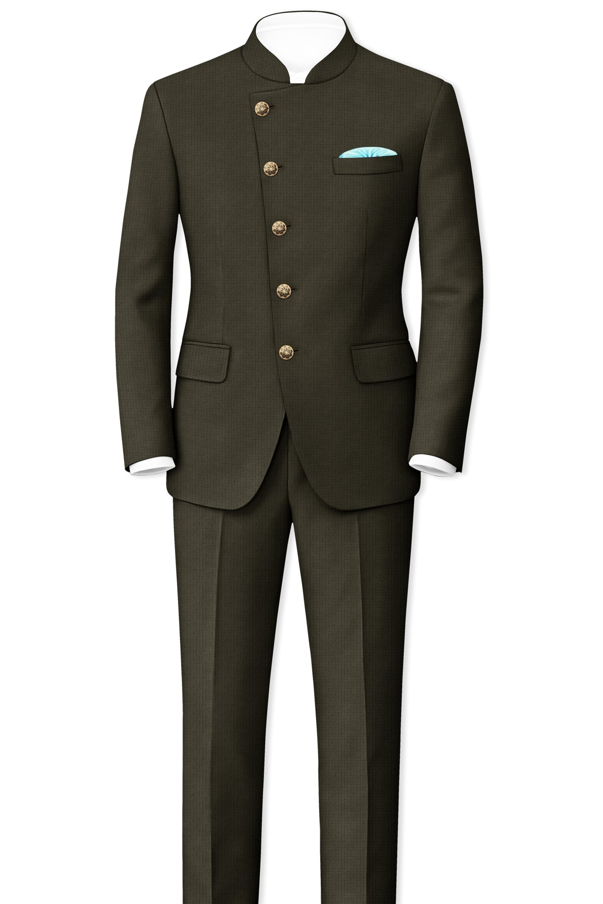 Prestige-Zeus Green Diamond Textured Wool Rich Slight Stretch Cross Placket Bandhgala Blazer