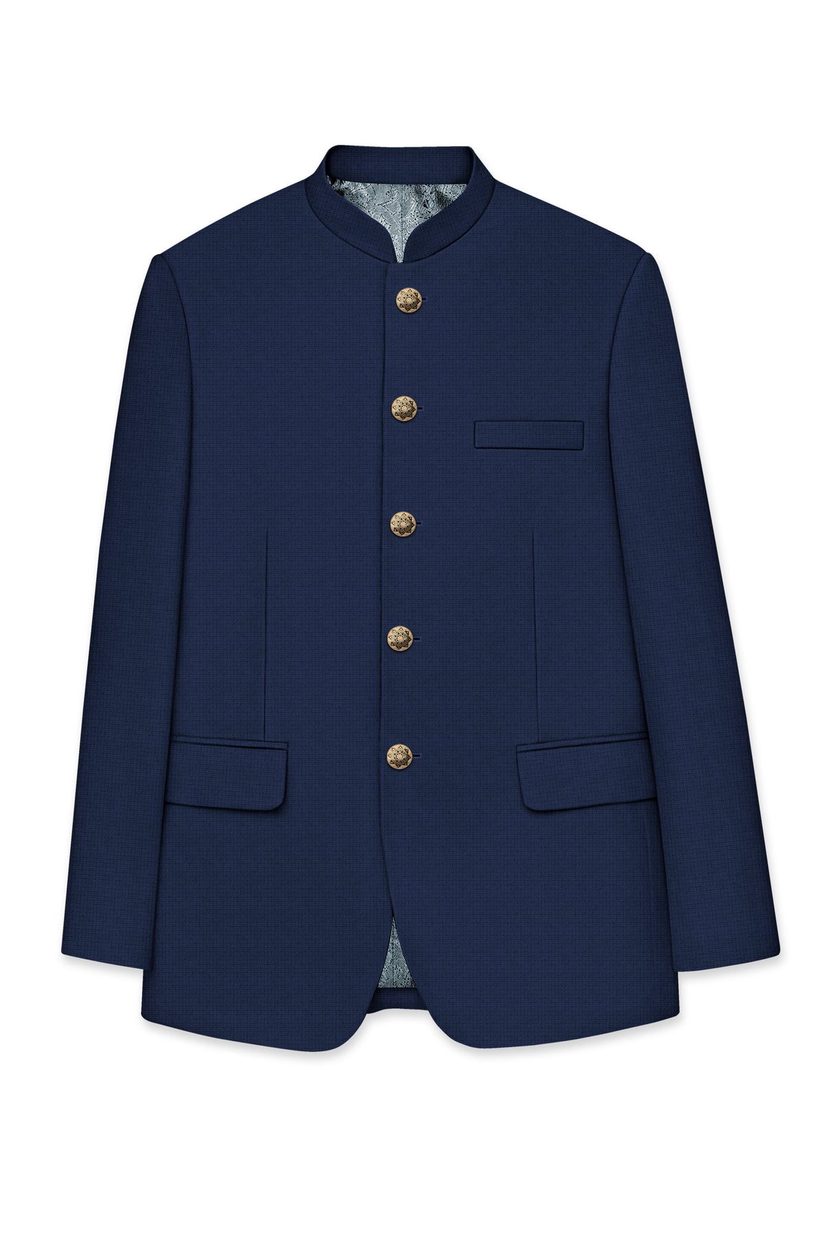 Regent-Ebony Blue Diamond Textured Wool Rich Slight Stretch Bandhgala Blazer