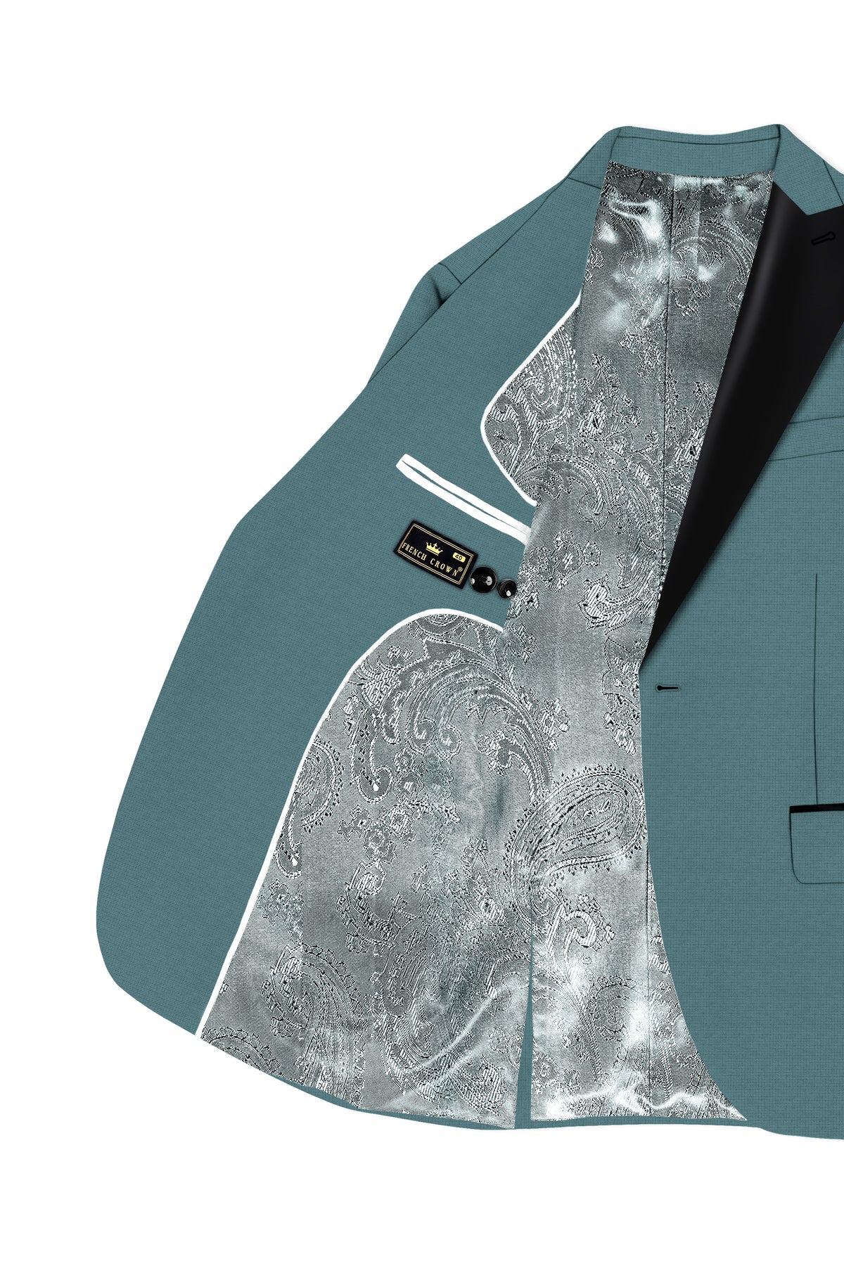 Viridian-Beetle Green Diamond Textured Wool Rich Slight Stretch Peak Lapel Tuxedo Blazer