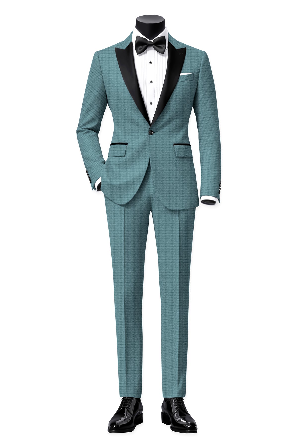 Viridian-Beetle Green Diamond Textured Wool Rich Slight Stretch Peak Lapel Tuxedo Blazer