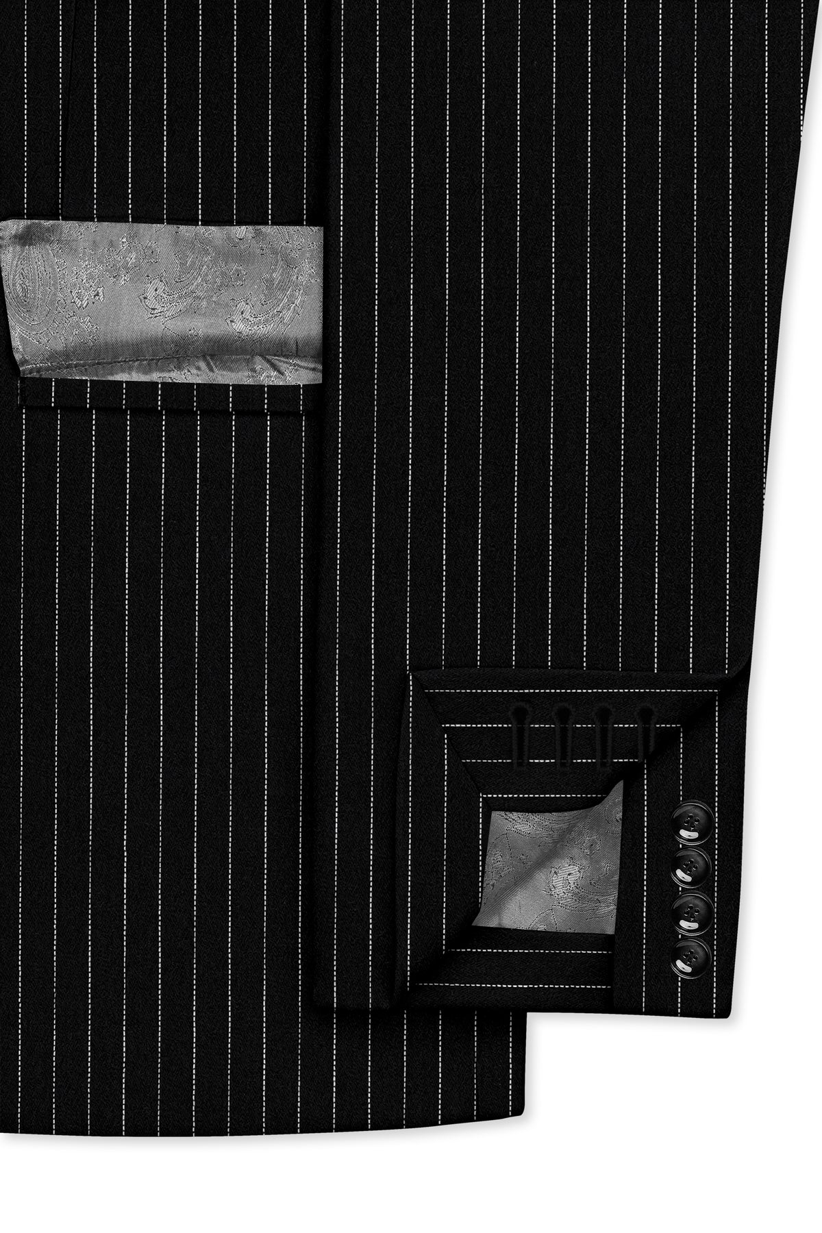 Gravitas-Jade Black And Bright White Chalk Striped Wool Rich Wrinkle-Free Fluid Drape Fabric Single Breasted Blazer