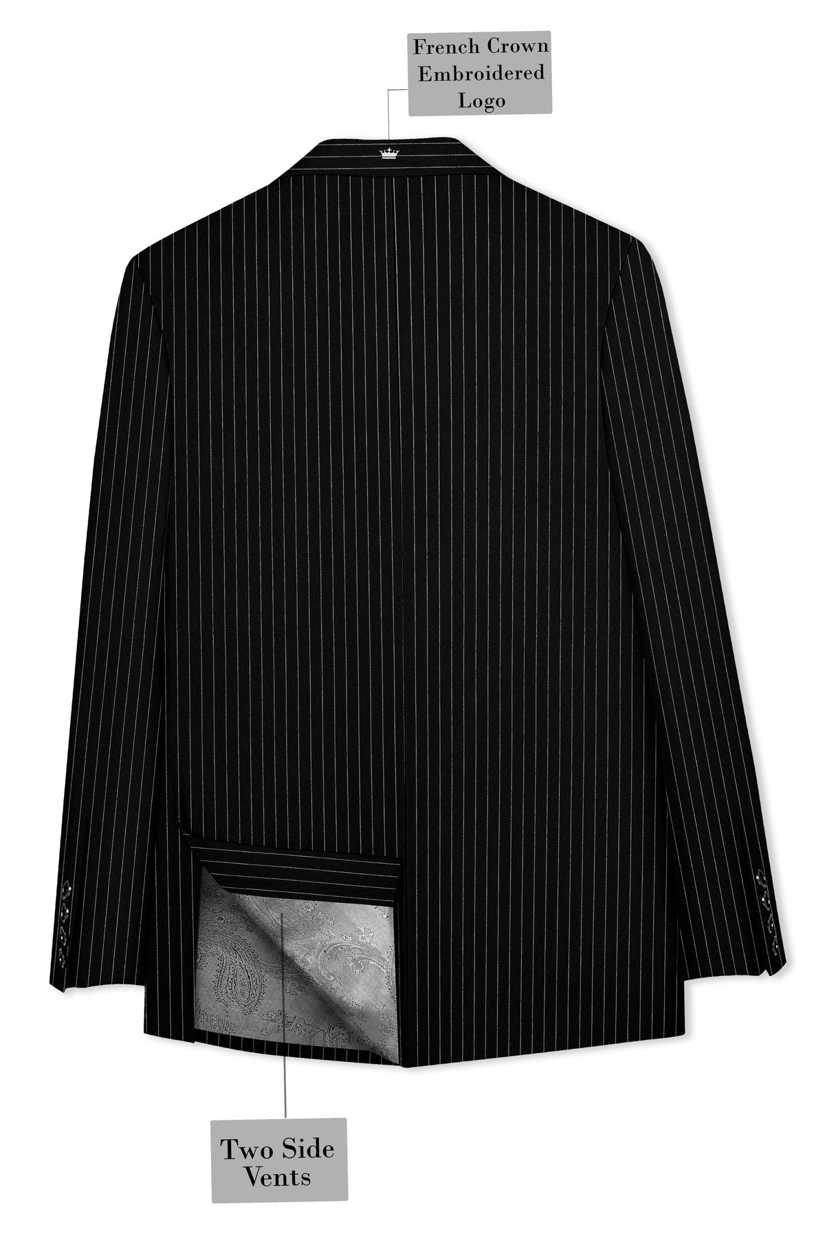 Gravitas-Jade Black And Bright White Chalk Striped Wool Rich Wrinkle-Free Fluid Drape Fabric Single Breasted Blazer