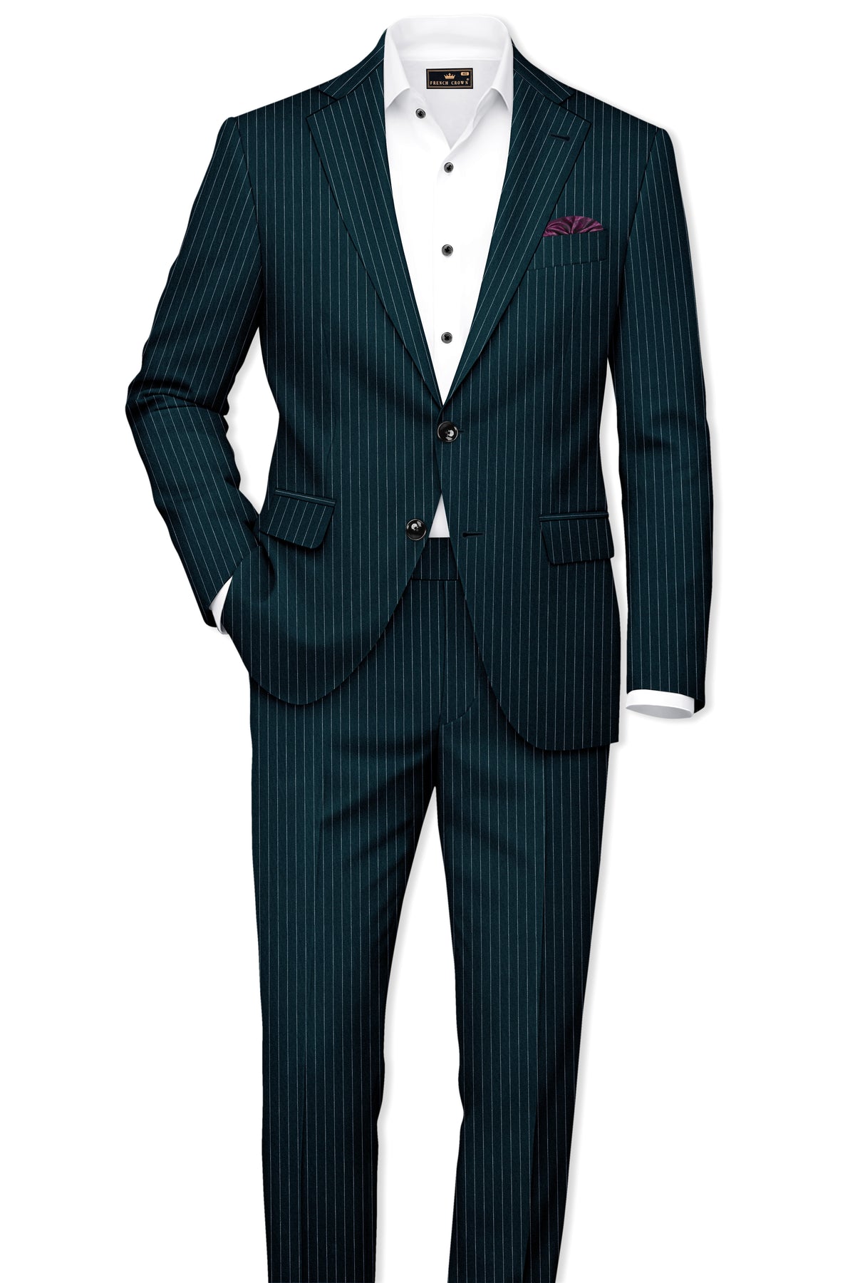 Zenith-Imperial Teal And Bright White Chalk Striped Wool Rich Wrinkle-Free Fluid Drape Fabric Single Breasted Blazer