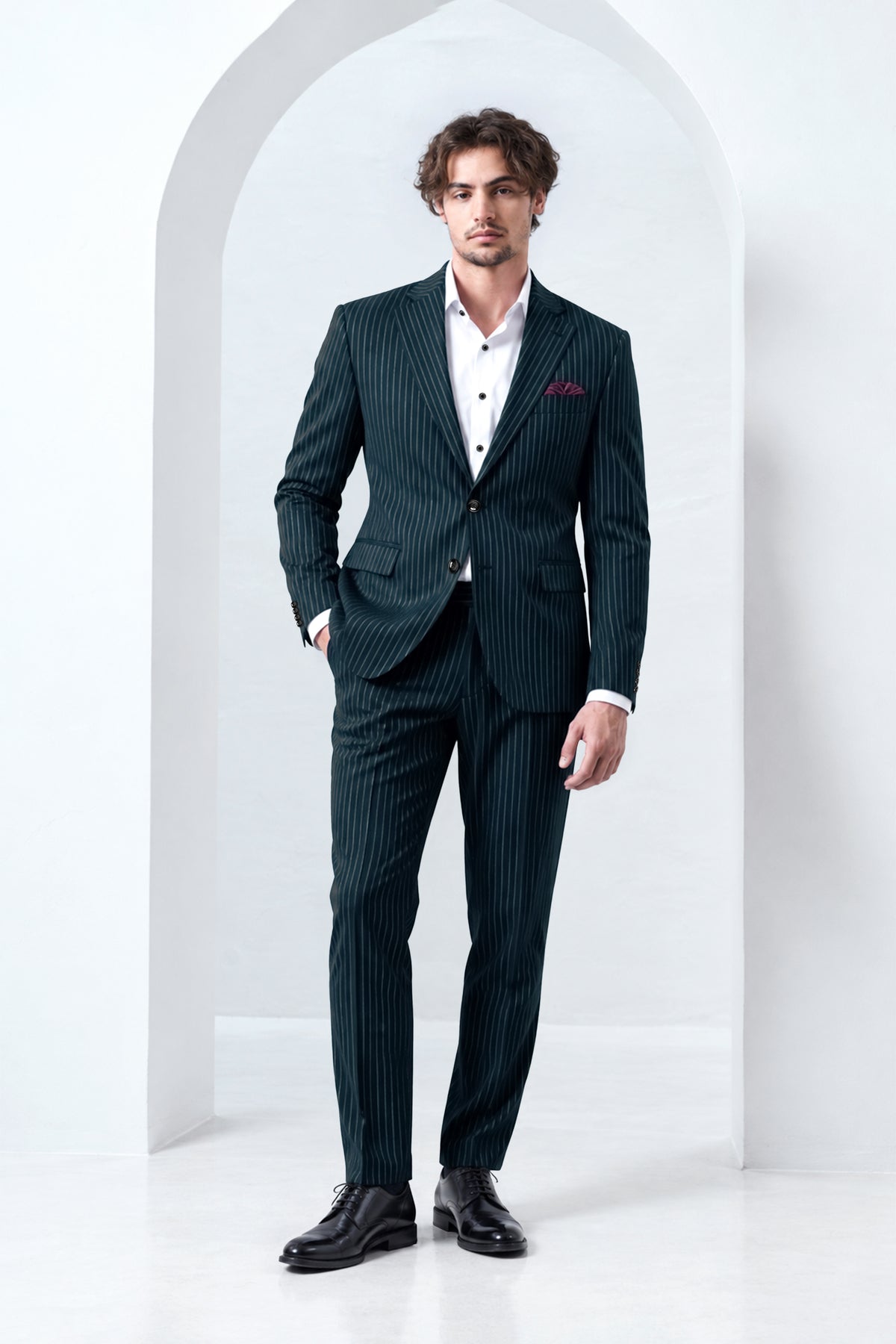 Zenith-Imperial Teal And Bright White Chalk Striped Wool Rich Wrinkle-Free Fluid Drape Fabric Single Breasted Blazer