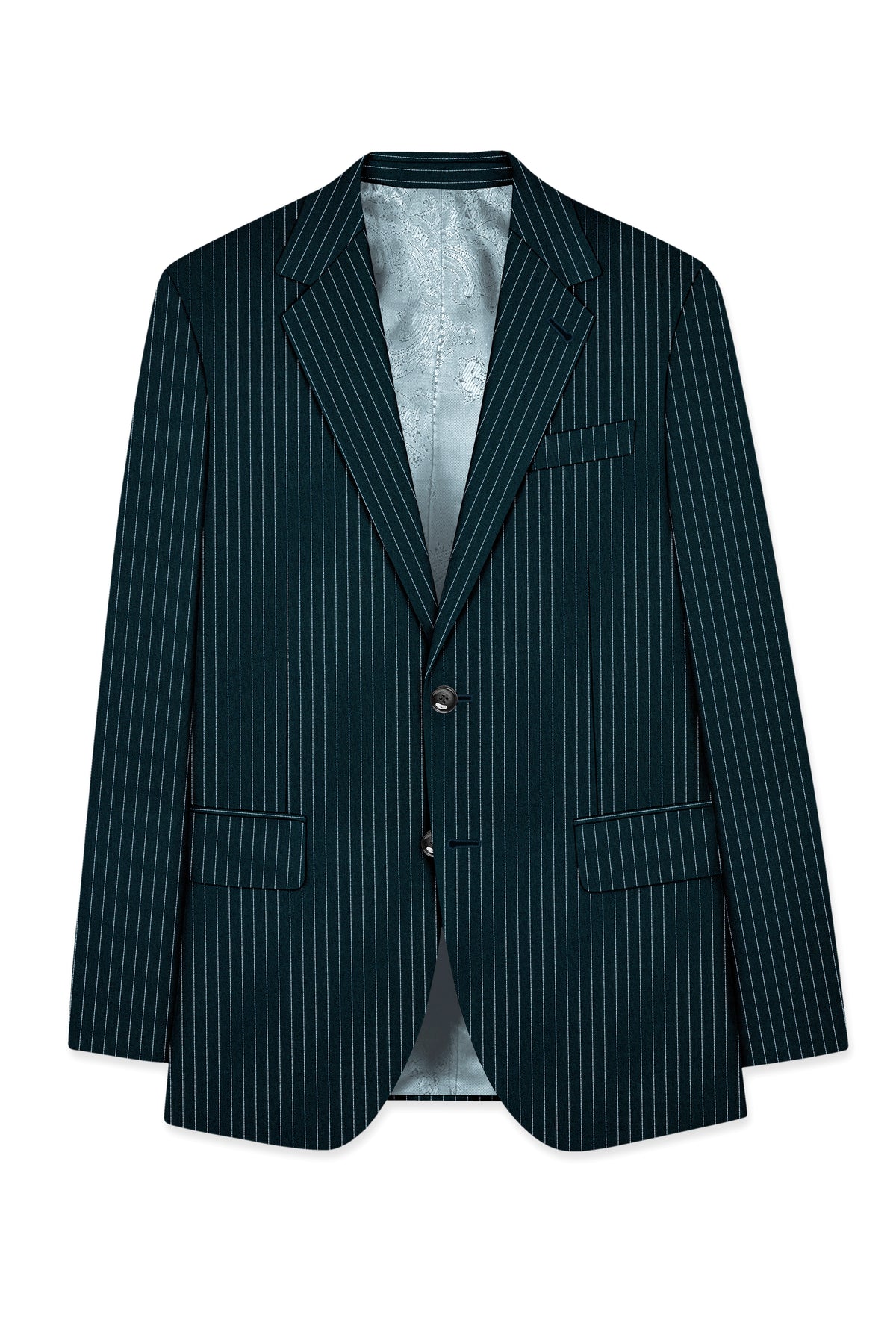 Zenith-Imperial Teal And Bright White Chalk Striped Wool Rich Wrinkle-Free Fluid Drape Fabric Single Breasted Blazer