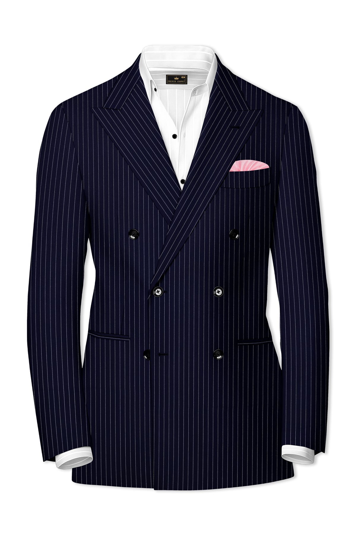 Mariner-Denim Blue And Bright White Chalk Striped Wool Rich Wrinkle-Free Fluid Drape Fabric Double Breasted Blazer