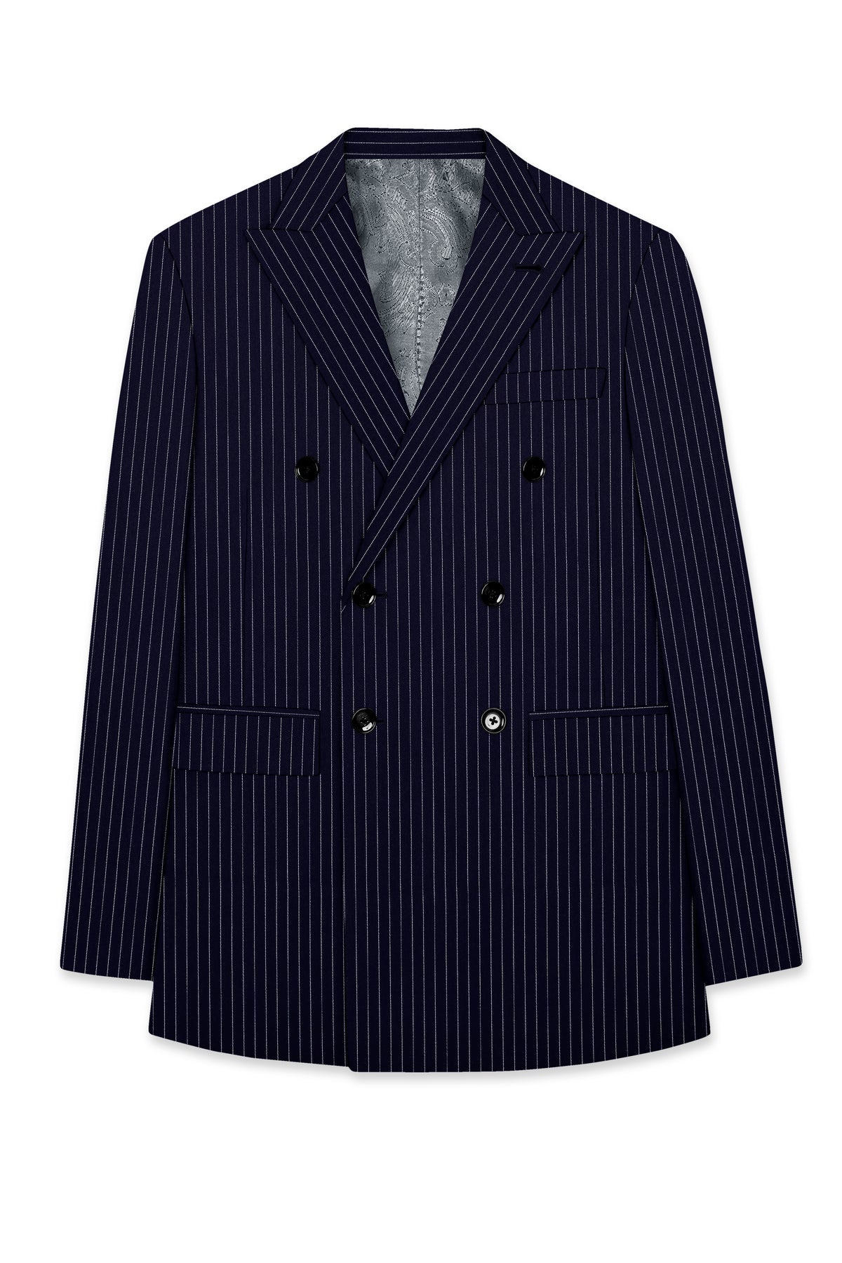 Mariner-Denim Blue And Bright White Chalk Striped Wool Rich Wrinkle-Free Fluid Drape Fabric Double Breasted Blazer