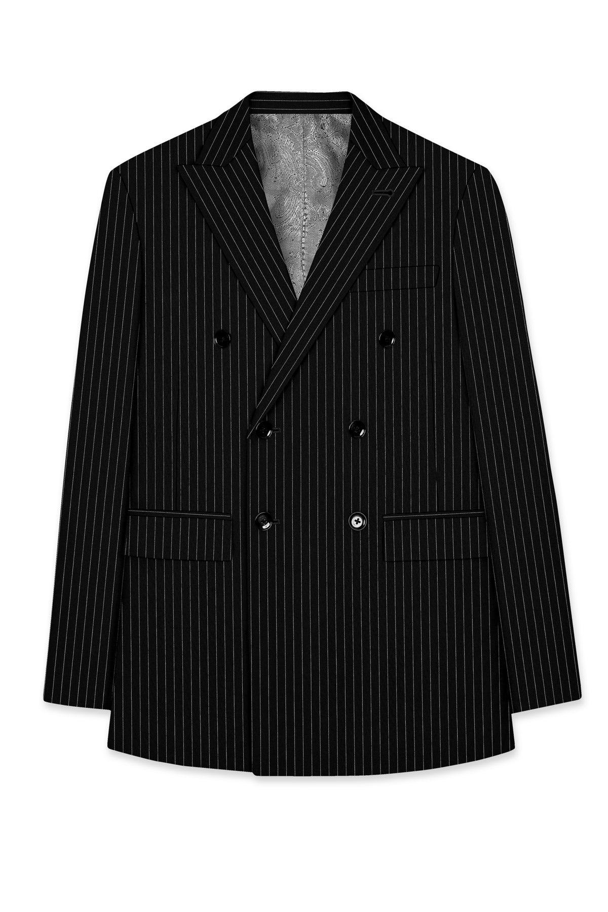 Gravitas-Jade Black And Bright White Chalk Striped Wool Rich Wrinkle-Free Fluid Drape Fabric Double Breasted Blazer