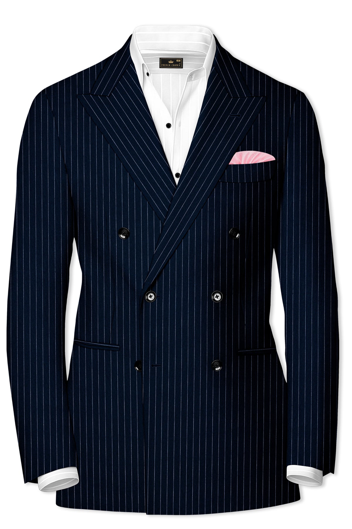 Zenith-Imperial Teal Green And Bright White Chalk Striped Wool Rich Wrinkle-Free Fluid Drape Fabric Double Breasted Blazer