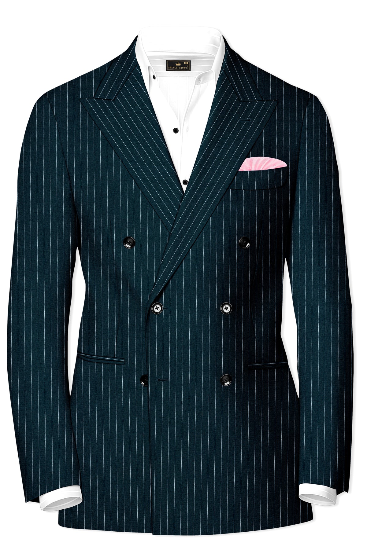 Zenith-Imperial Teal And Bright White Chalk Striped Wool Rich Wrinkle-Free Fluid Drape Fabric Double Breasted Blazer