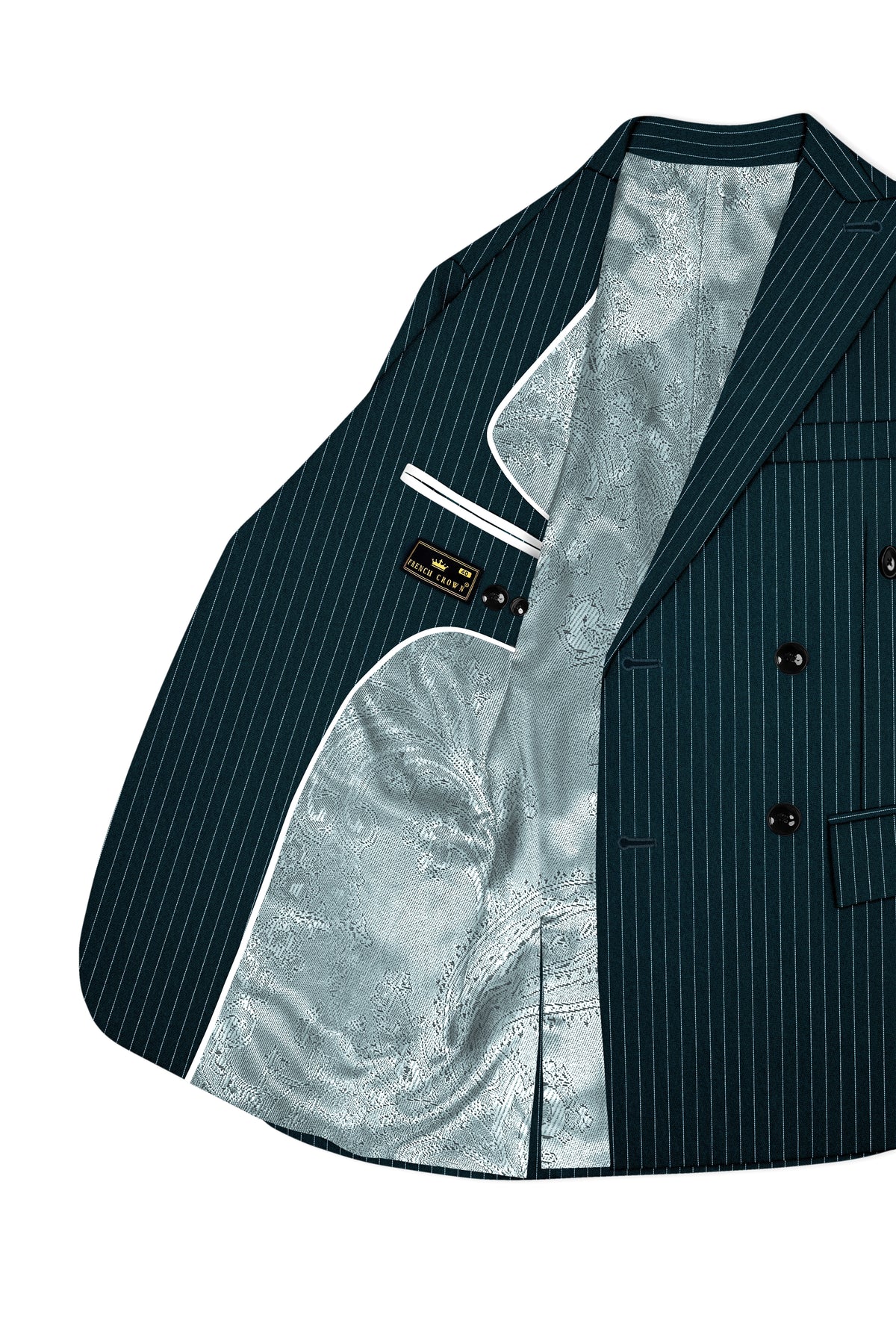 Zenith-Imperial Teal And Bright White Chalk Striped Wool Rich Wrinkle-Free Fluid Drape Fabric Double Breasted Blazer