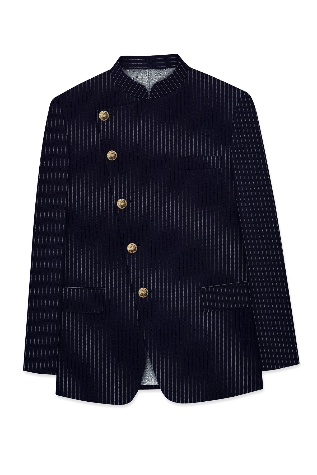 Mariner-Denim Blue And Bright White Chalk Striped Wool Rich Wrinkle-Free Fluid Drape Fabric Cross Placket Bandhgala Blazer