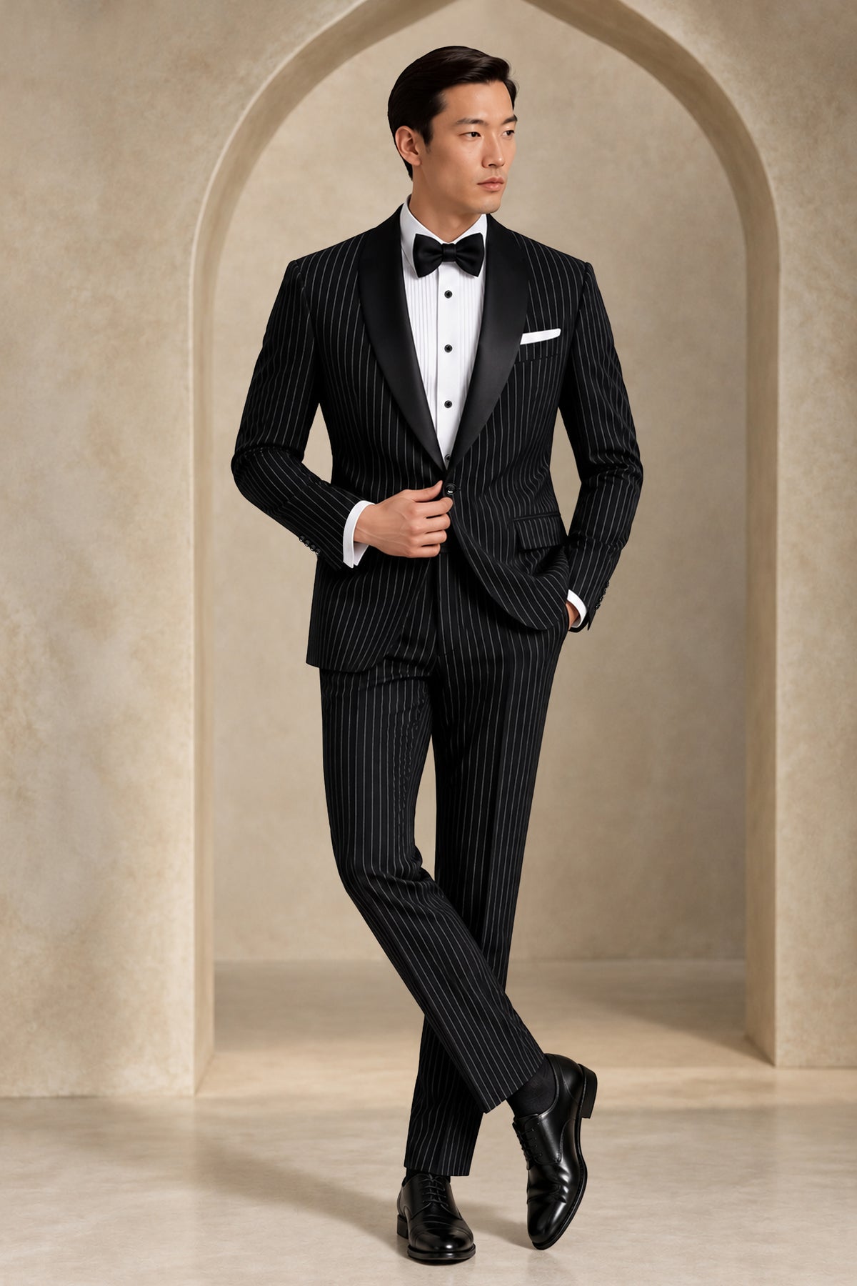Gravitas-Jade Black And Bright White Chalk Striped Wool Rich Wrinkle-Free Fluid Drape Fabric Tuxedo Blazer