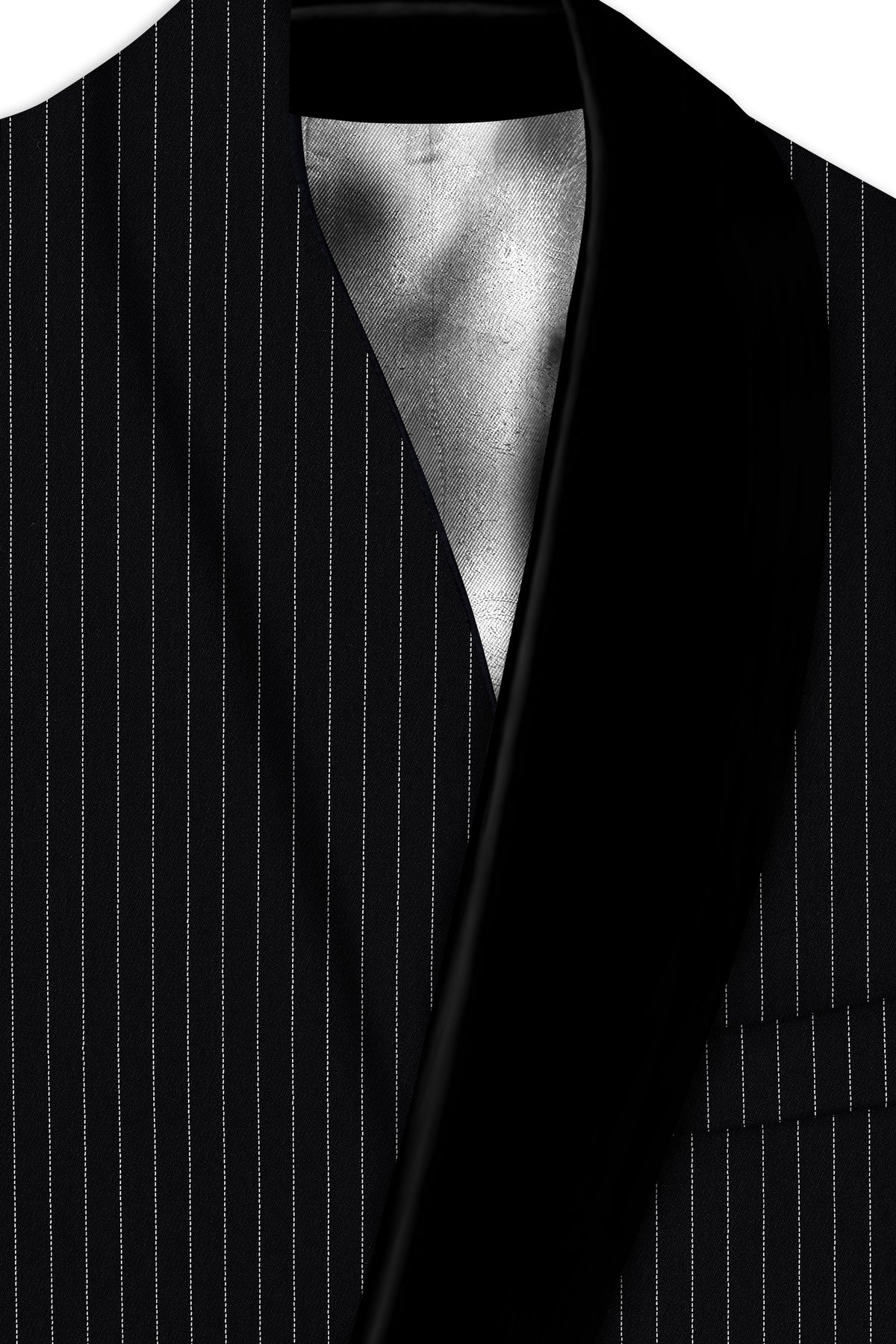 Gravitas-Jade Black And Bright White Chalk Striped Wool Rich Wrinkle-Free Fluid Drape Fabric Tuxedo Blazer