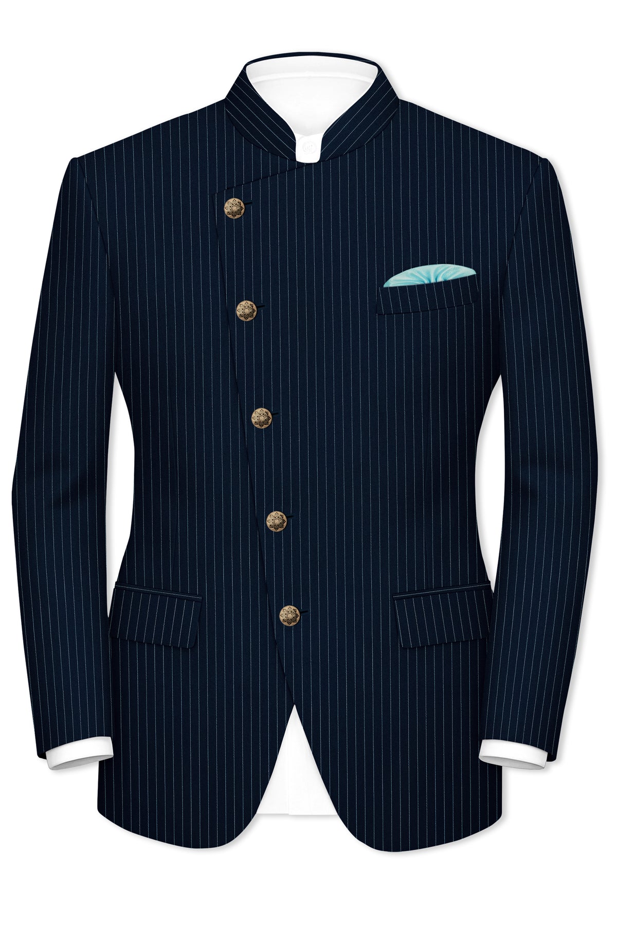 Zenith-Imperial Teal Green And Bright White Chalk Striped Wool Rich Wrinkle-Free Fluid Drape Fabric Cross Placket Bandhgala Blazer