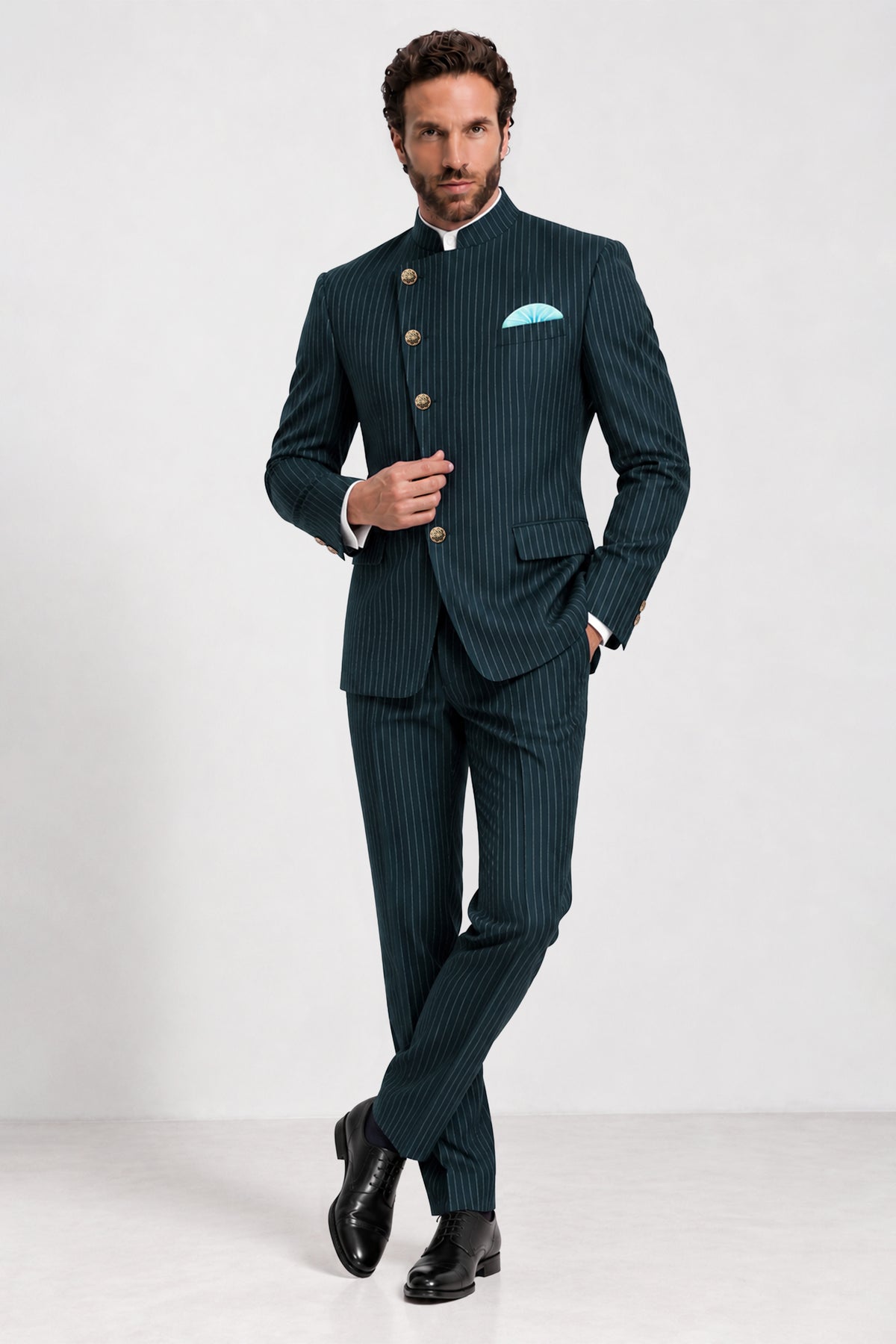 Zenith-Imperial Teal And Bright White Chalk Striped Wool Rich Wrinkle-Free Fluid Drape Fabric Cross Placket Bandhgala Blazer