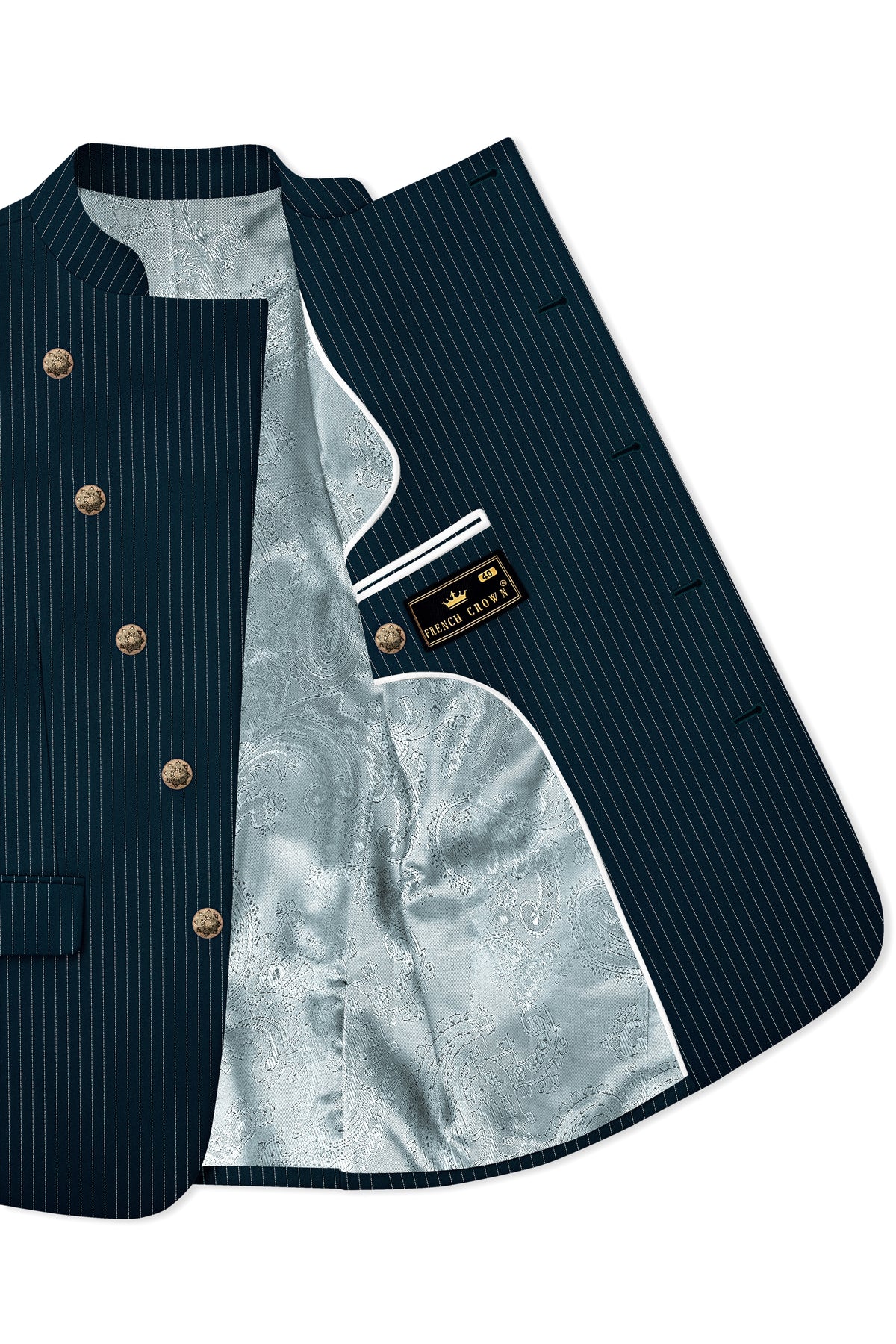 Zenith-Imperial Teal And Bright White Chalk Striped Wool Rich Wrinkle-Free Fluid Drape Fabric Cross Placket Bandhgala Blazer