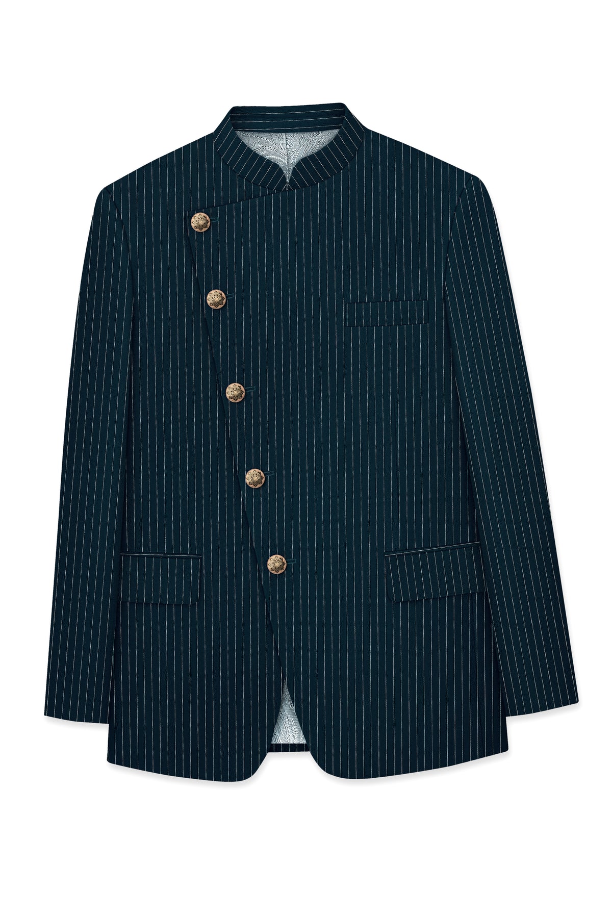 Zenith-Imperial Teal And Bright White Chalk Striped Wool Rich Wrinkle-Free Fluid Drape Fabric Cross Placket Bandhgala Blazer