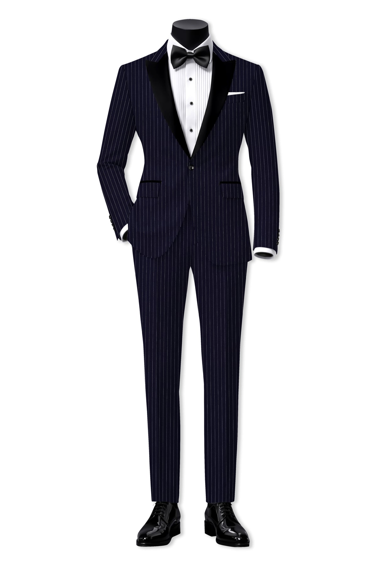 Mariner-Denim Blue And Bright White Chalk Striped Wool Rich Wrinkle-Free Fluid Drape Fabric Peak Lapel Tuxedo Blazer