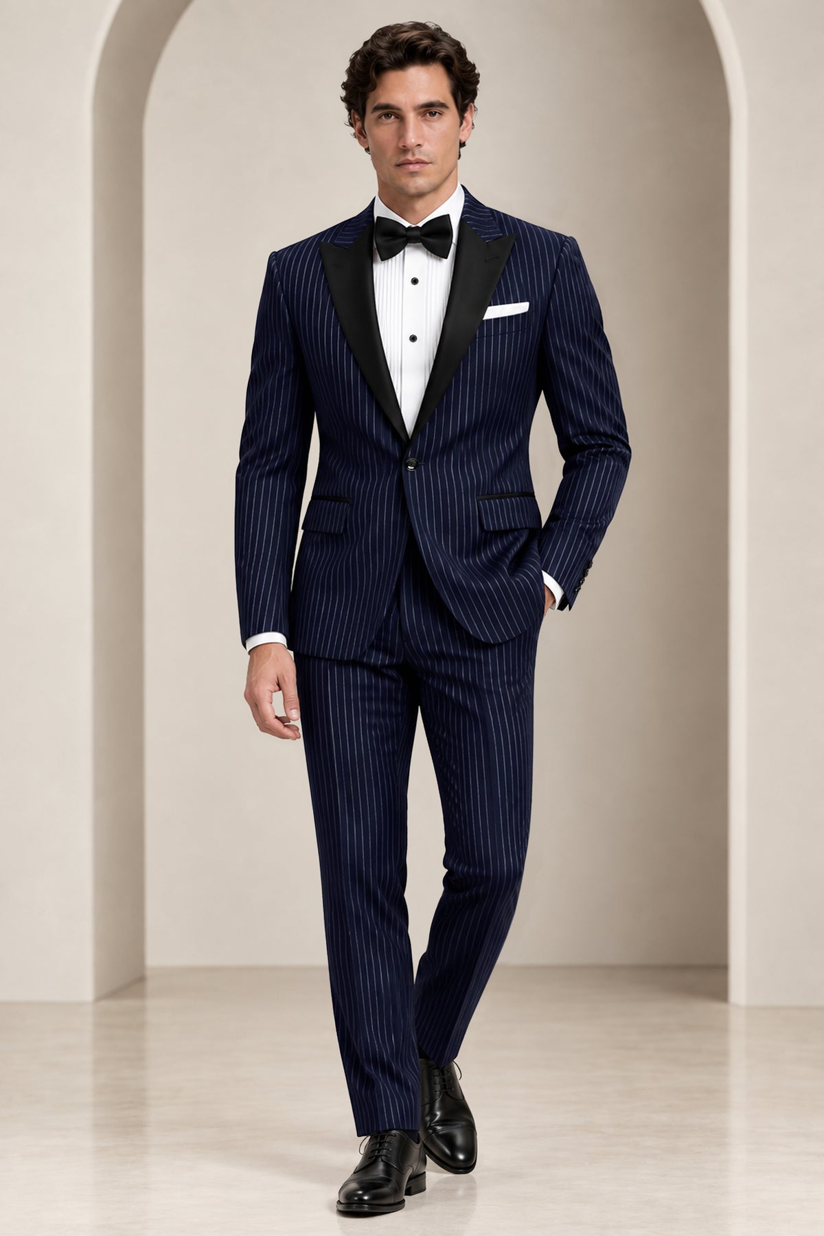 Mariner-Denim Blue And Bright White Chalk Striped Wool Rich Wrinkle-Free Fluid Drape Fabric Peak Lapel Tuxedo Blazer
