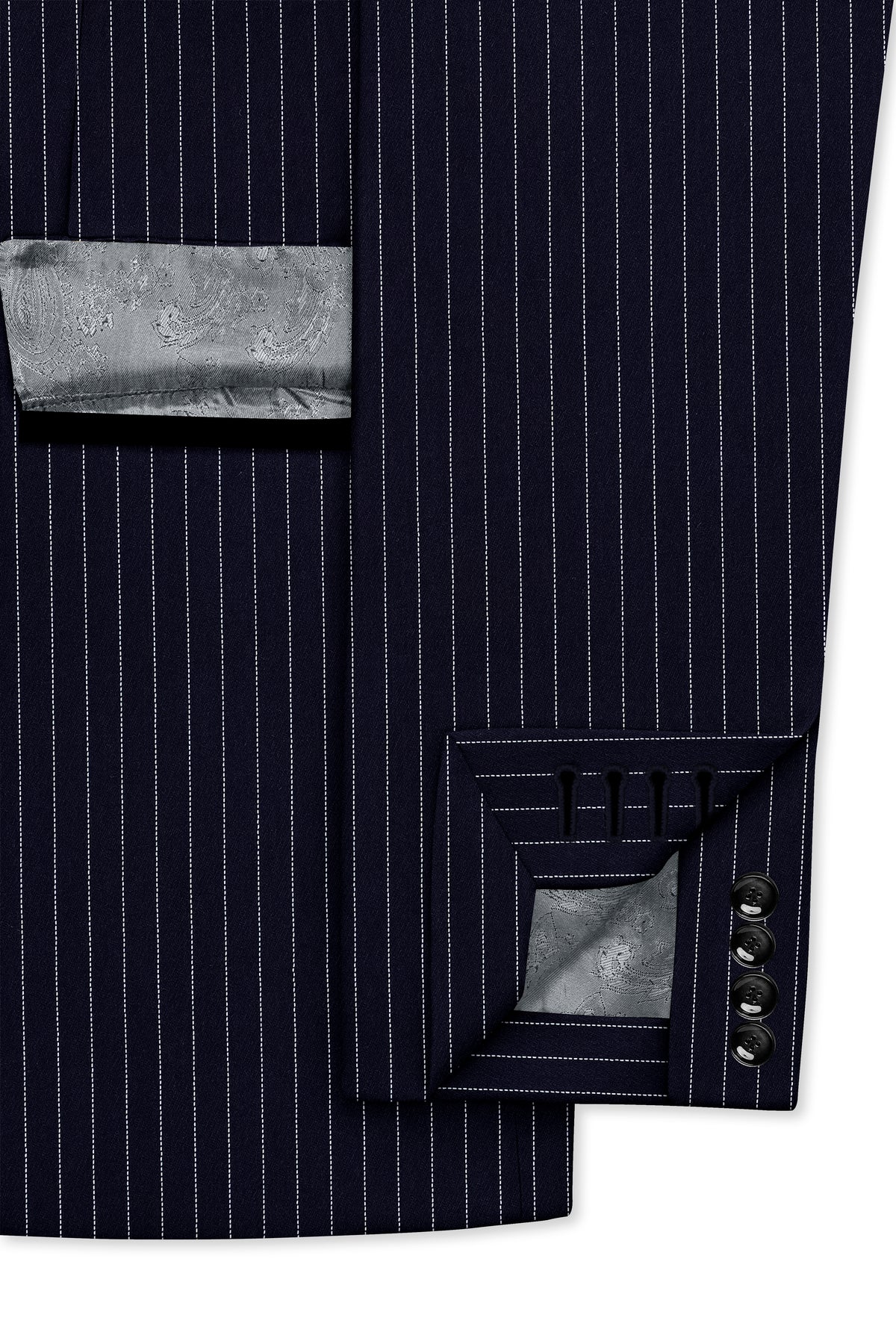 Mariner-Denim Blue And Bright White Chalk Striped Wool Rich Wrinkle-Free Fluid Drape Fabric Peak Lapel Tuxedo Blazer