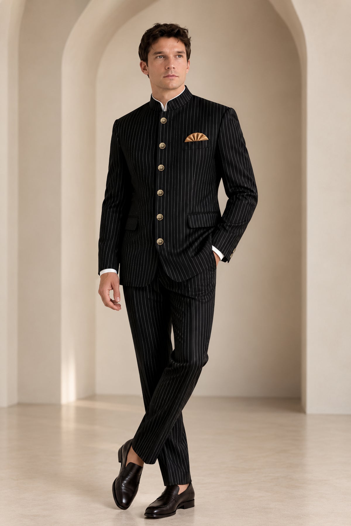 Gravitas-Jade Black And Bright White Chalk Striped Wool Rich Wrinkle-Free Fluid Drape Fabric Bandhgala Blazer