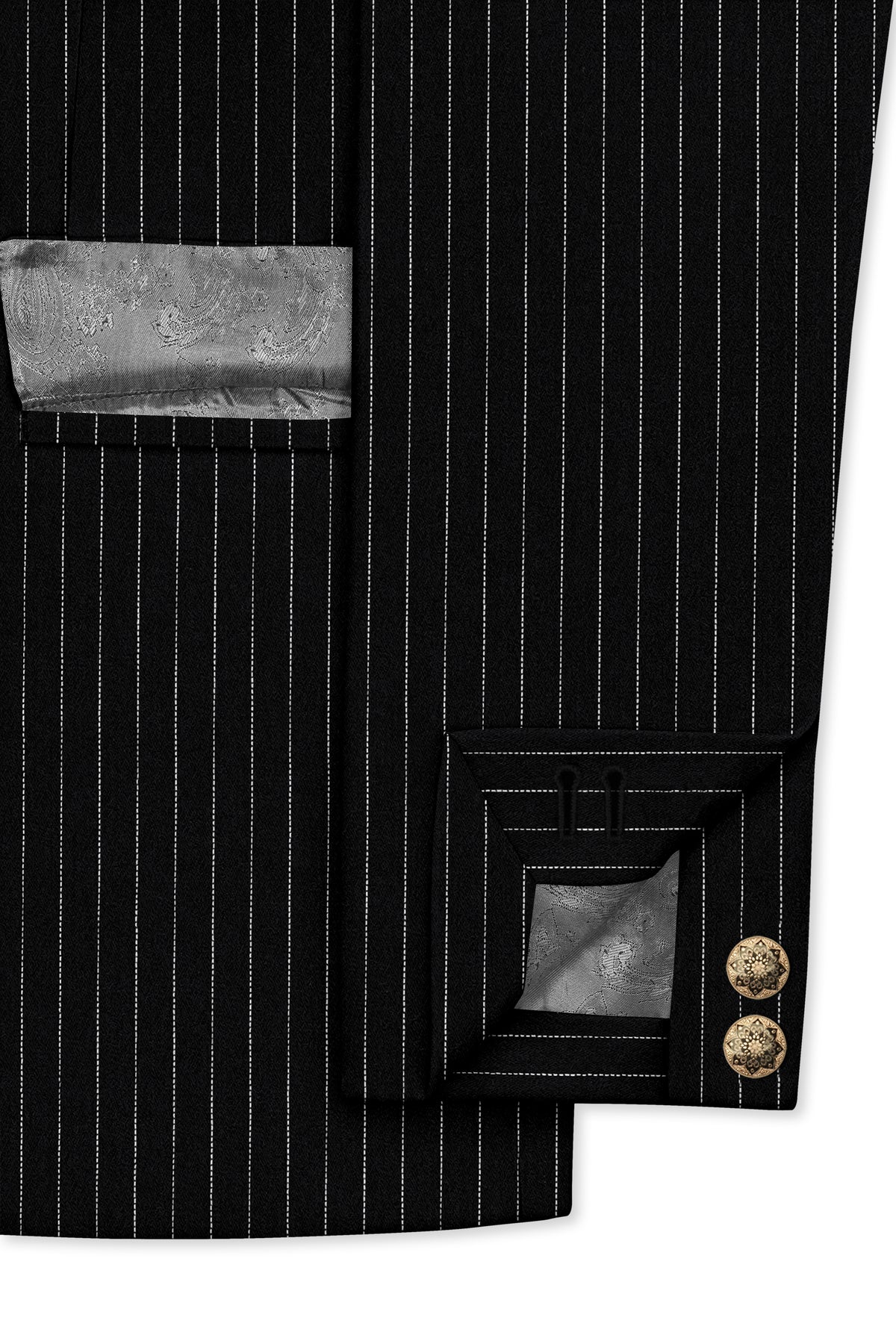 Gravitas-Jade Black And Bright White Chalk Striped Wool Rich Wrinkle-Free Fluid Drape Fabric Bandhgala Blazer