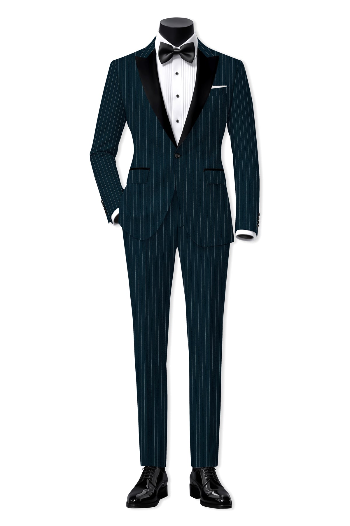 Zenith-Imperial Teal And Bright White Chalk Striped Wool Rich Wrinkle-Free Fluid Drape Fabric Peak Lapel Tuxedo Blazer