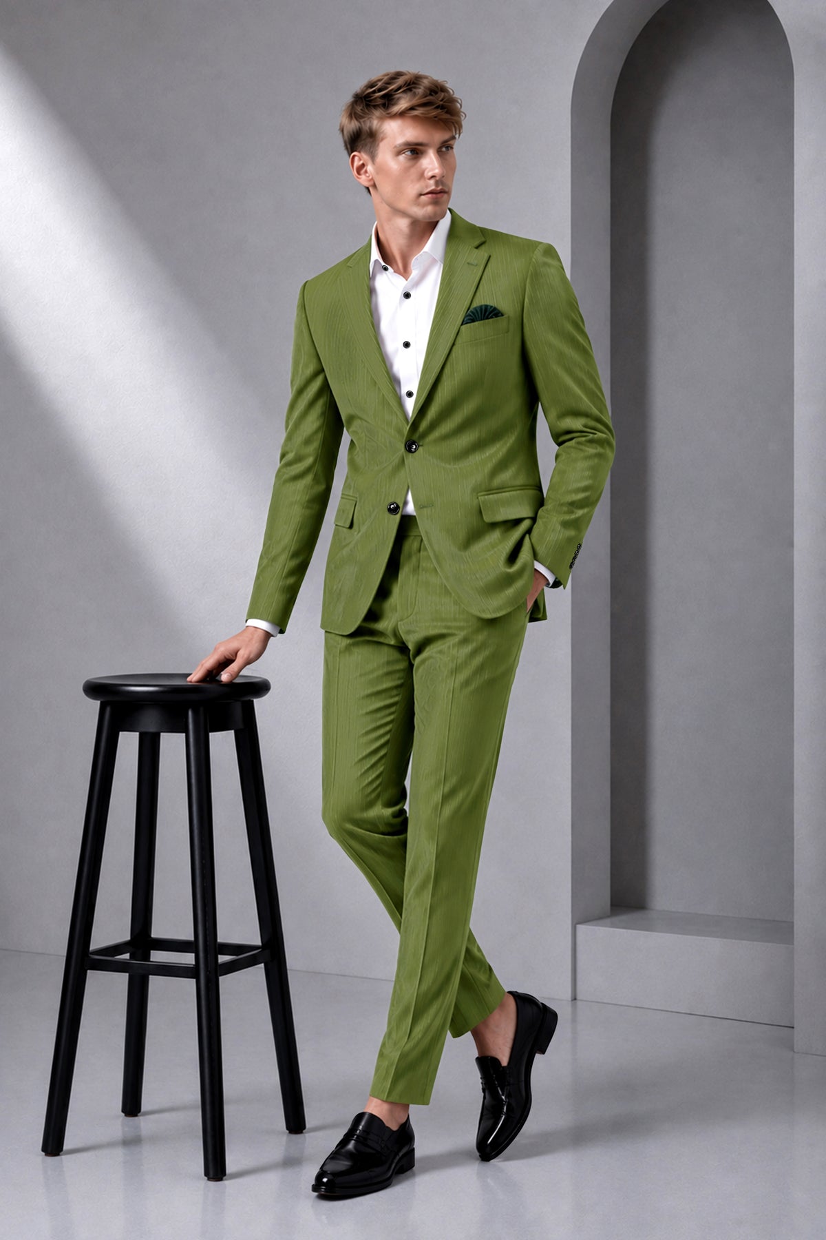 Hunter-Muddy Green Diamond Textured Wool Rich Slight Stretch Single Breasted Blazer