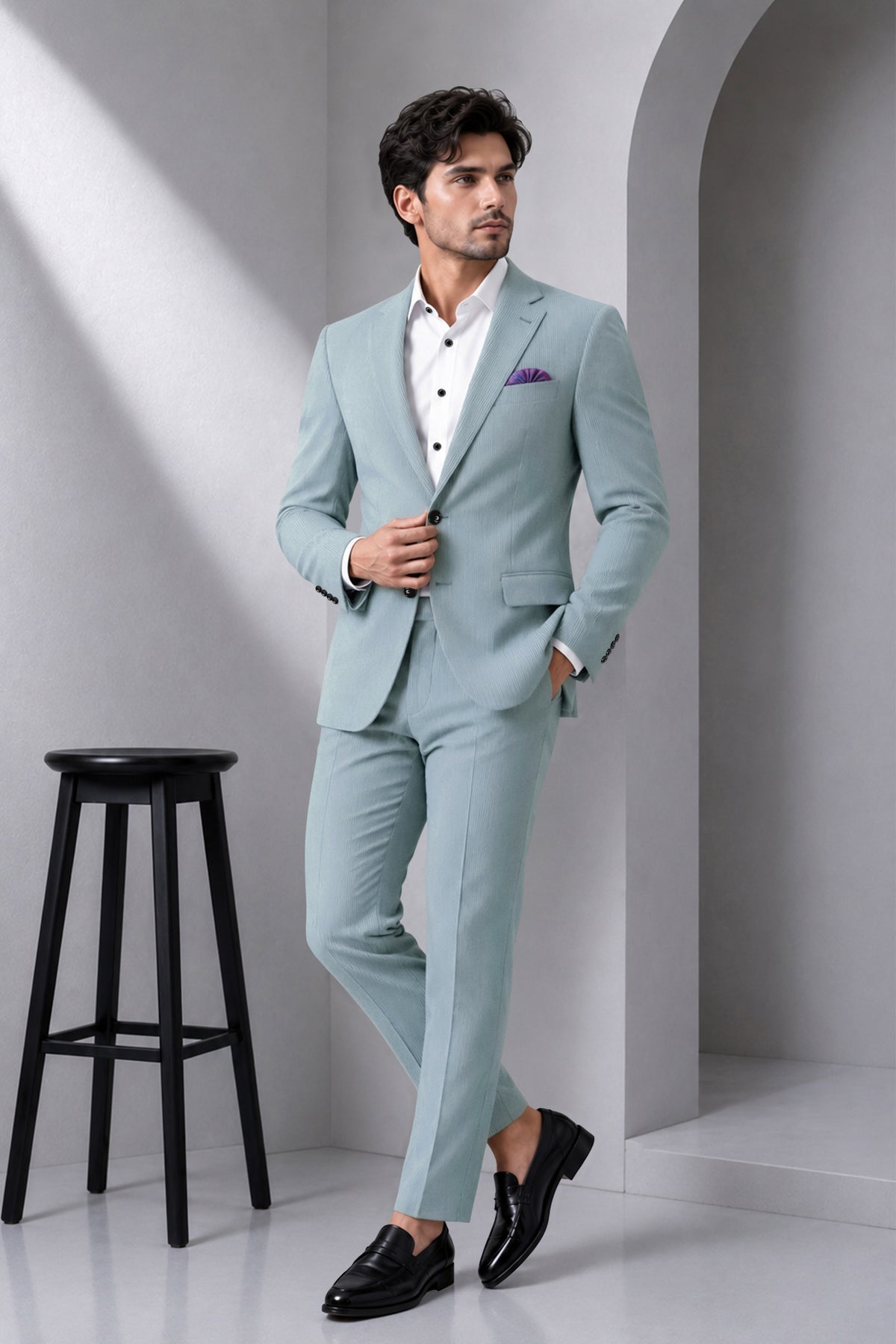 Sterling-Cadet Gray Diamond Textured Wool Rich Slight Stretch Single Breasted Blazer