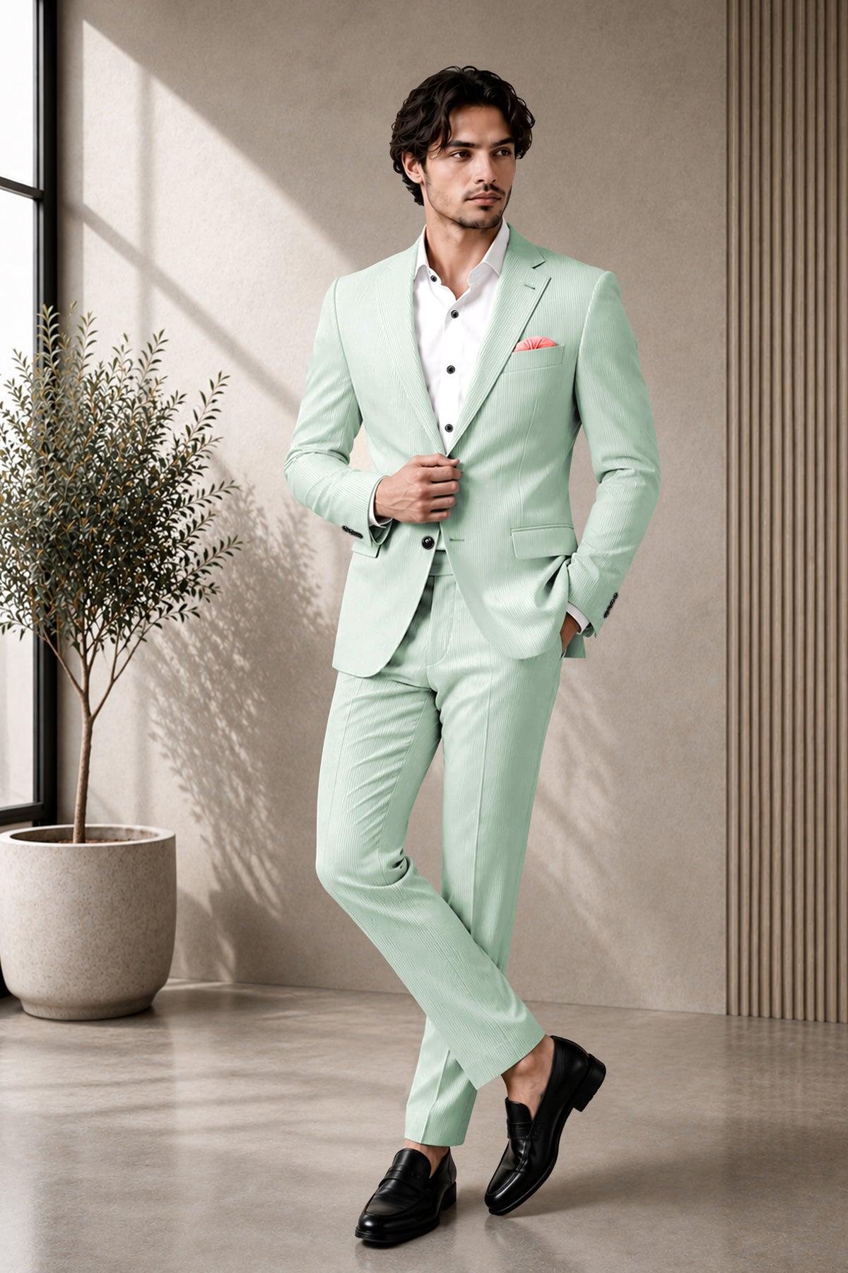 Viridis-Pumice Green Diamond Textured Wool Rich Slight Stretch Single Breasted Blazer