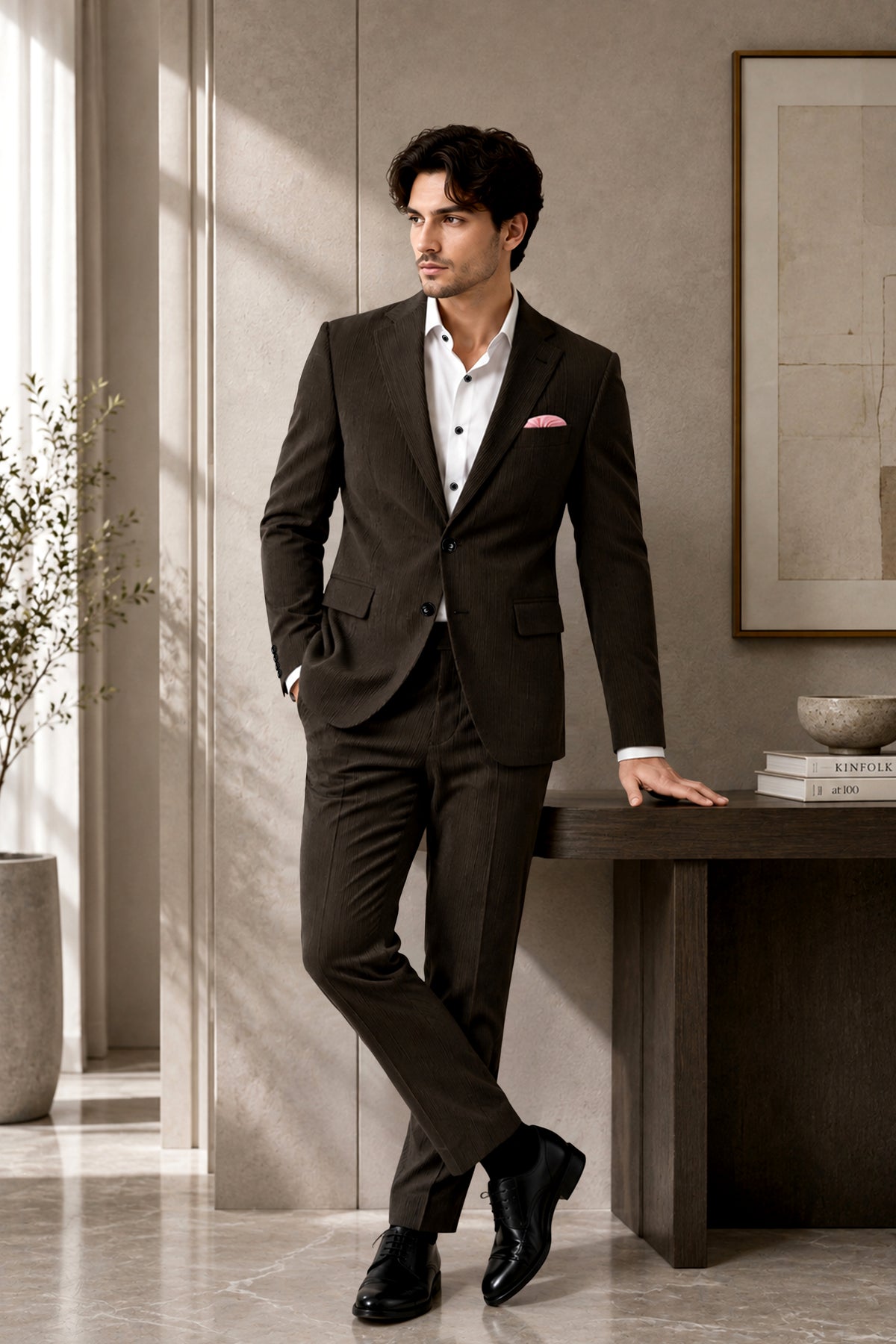 Grayson-Zeus Brown Diamond Textured Wool Rich Slight Stretch Single Breasted Blazer