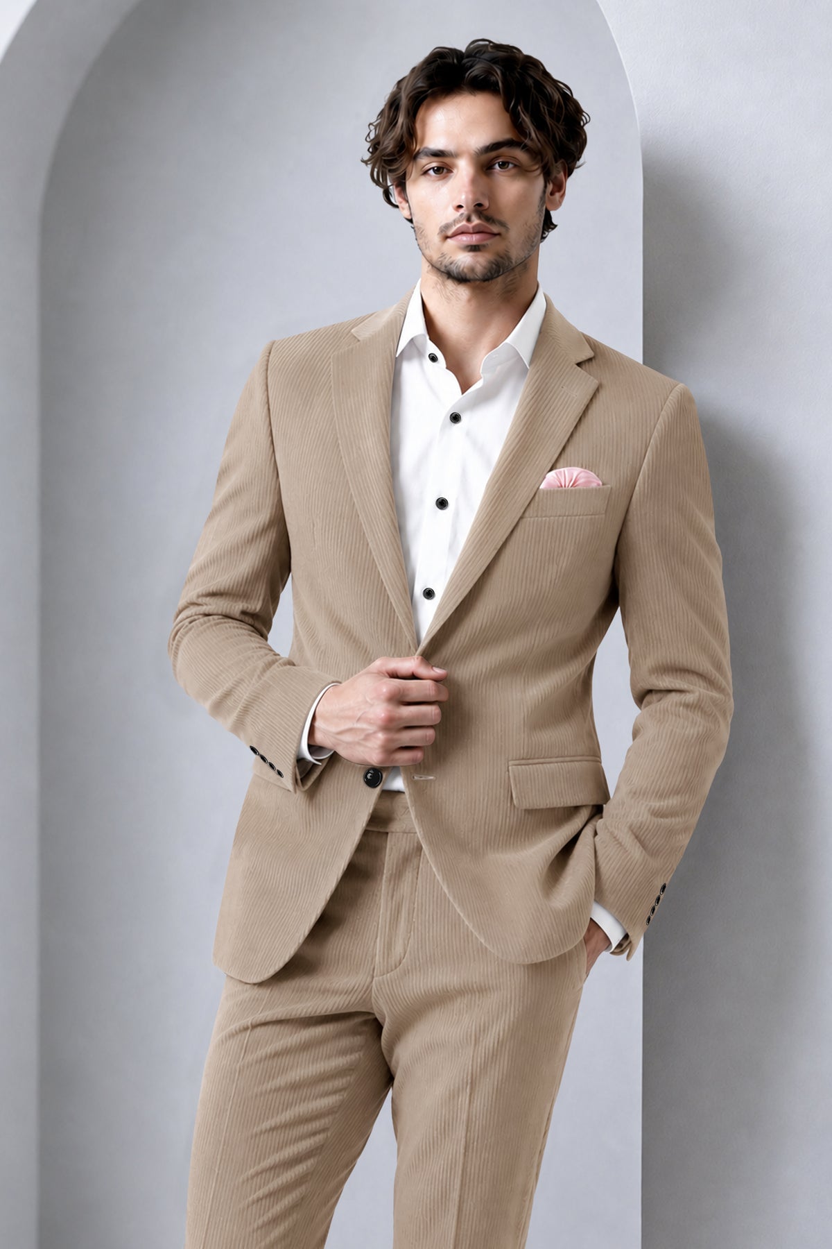 Terran-Sandrift Brown Diamond Textured Wool Rich Slight Stretch Single Breasted Blazer