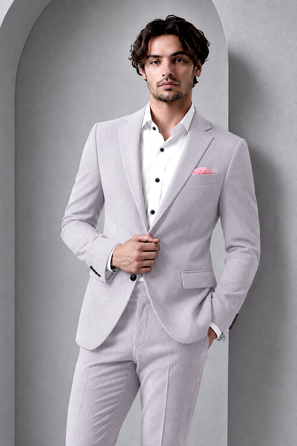 Virelli-Suva Gray Diamond Textured Wool Rich Slight Stretch Single Breasted Blazer