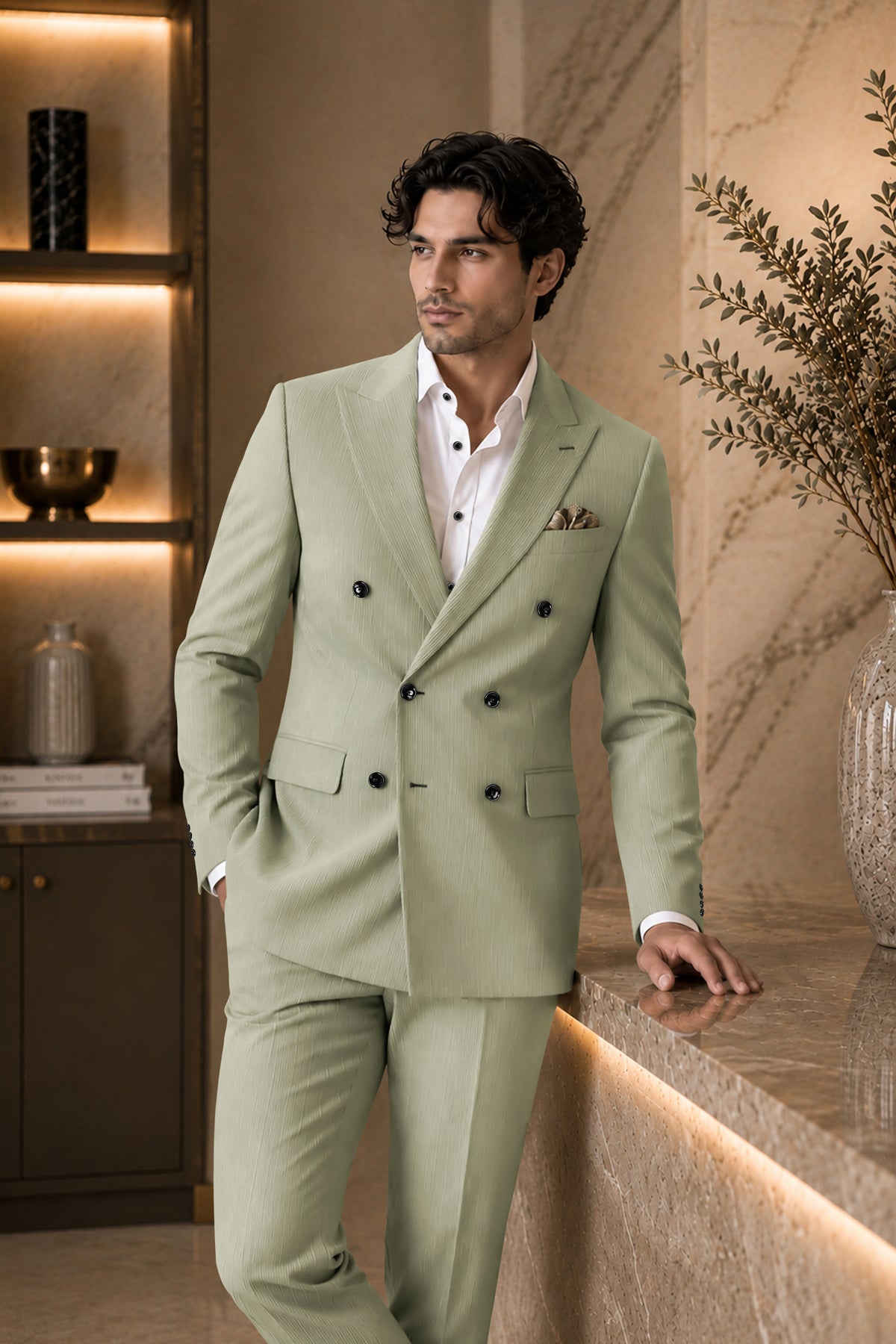 Elysian-Sage Green Diamond Textured Wool Rich Slight Stretch Double Breasted Blazer