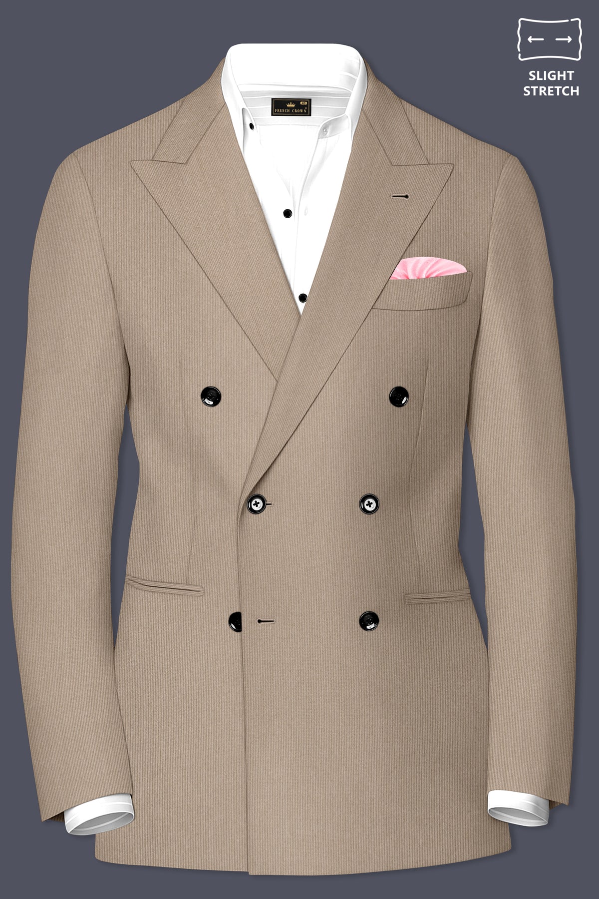 Terran-Sandrift Brown Diamond Textured Wool Rich Slight Stretch Double Breasted Blazer