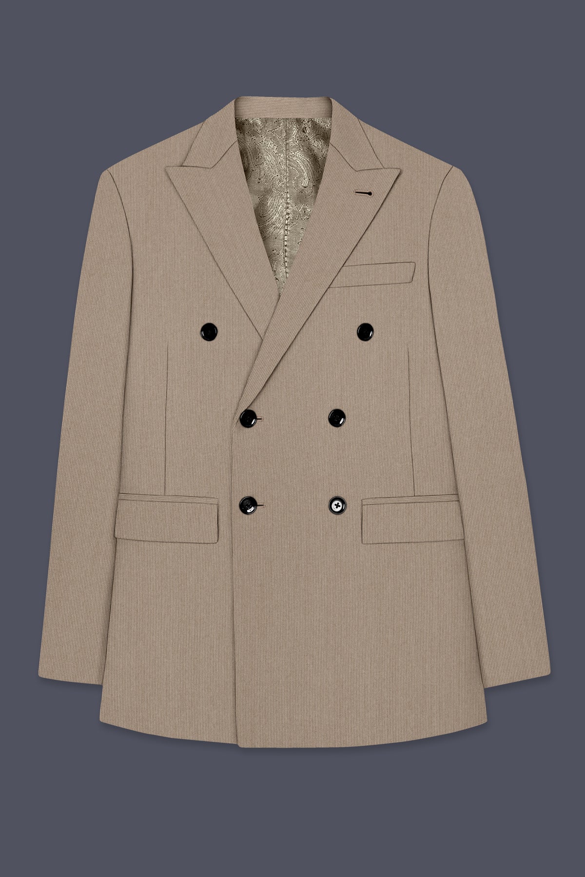 Terran-Sandrift Brown Diamond Textured Wool Rich Slight Stretch Double Breasted Blazer