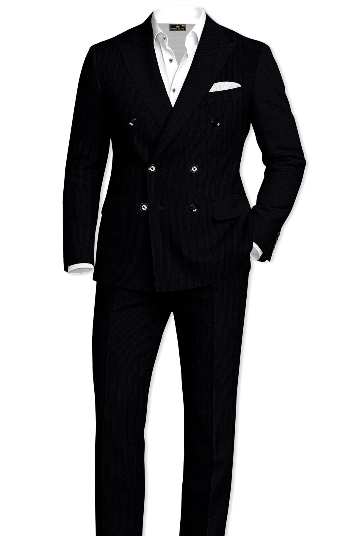 Onyx-Jade Black Diamond Textured Wool Rich Slight Stretch Double Breasted Blazer