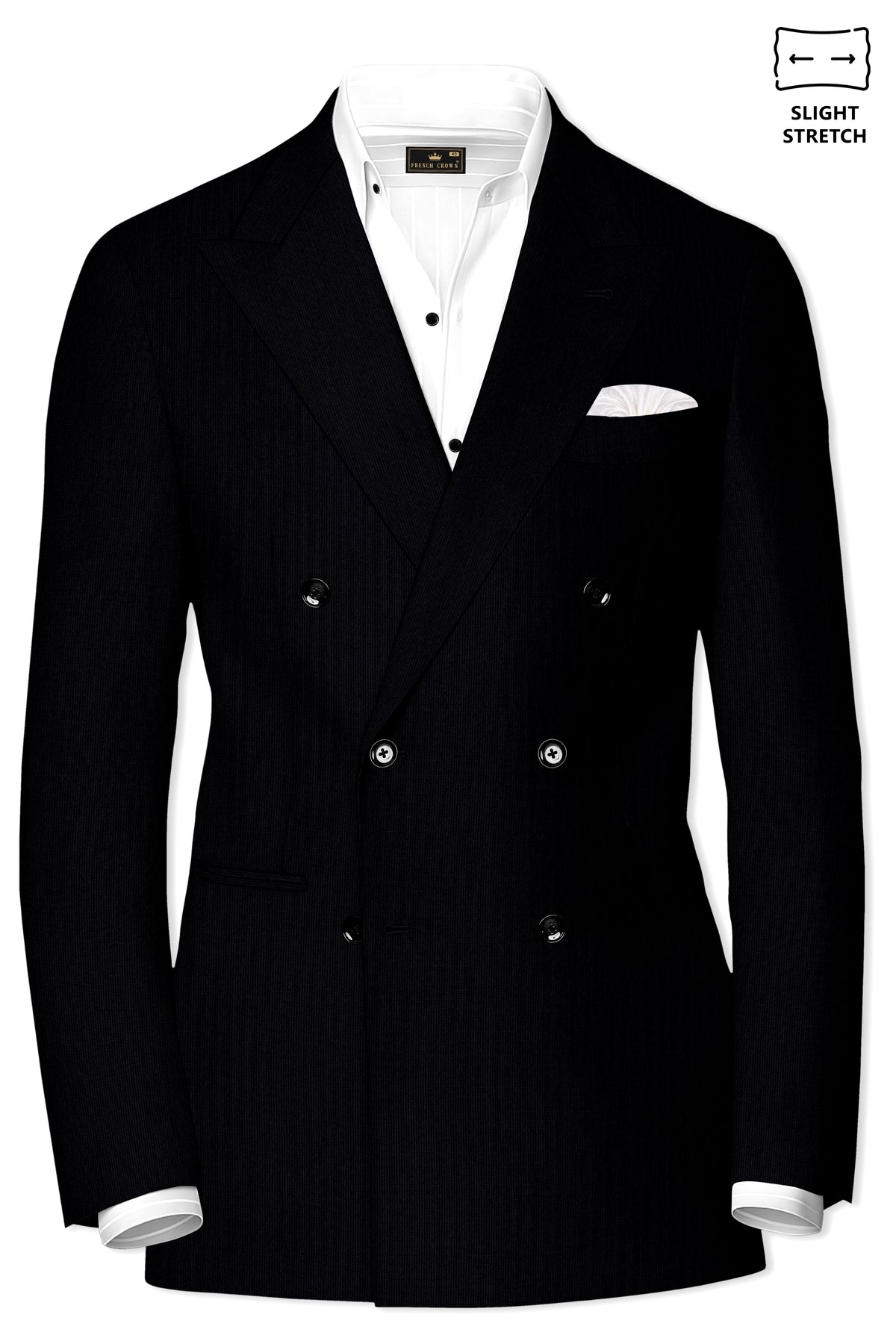 Onyx-Jade Black Diamond Textured Wool Rich Slight Stretch Double Breasted Blazer