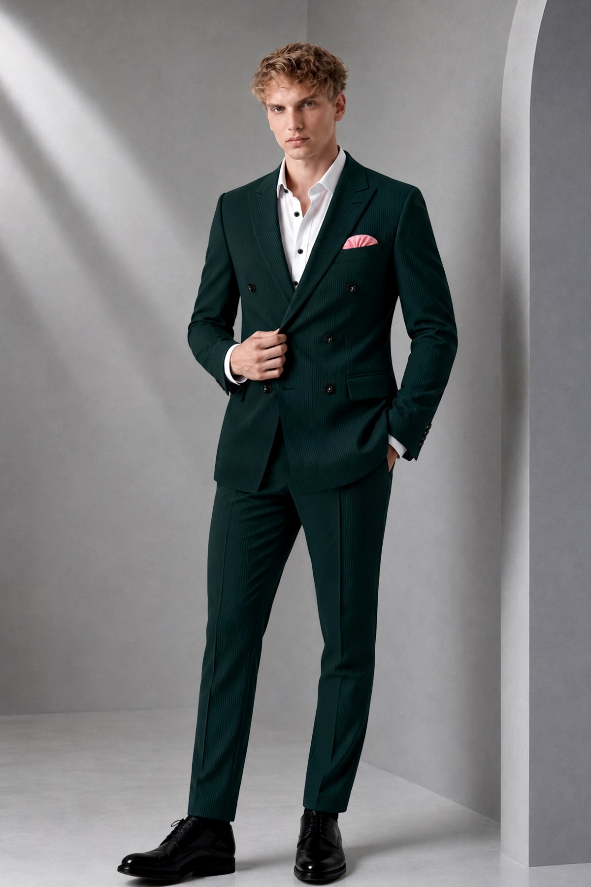 Viridian-Burnham Green Diamond Textured Wool Rich Slight Stretch Double Breasted Blazer