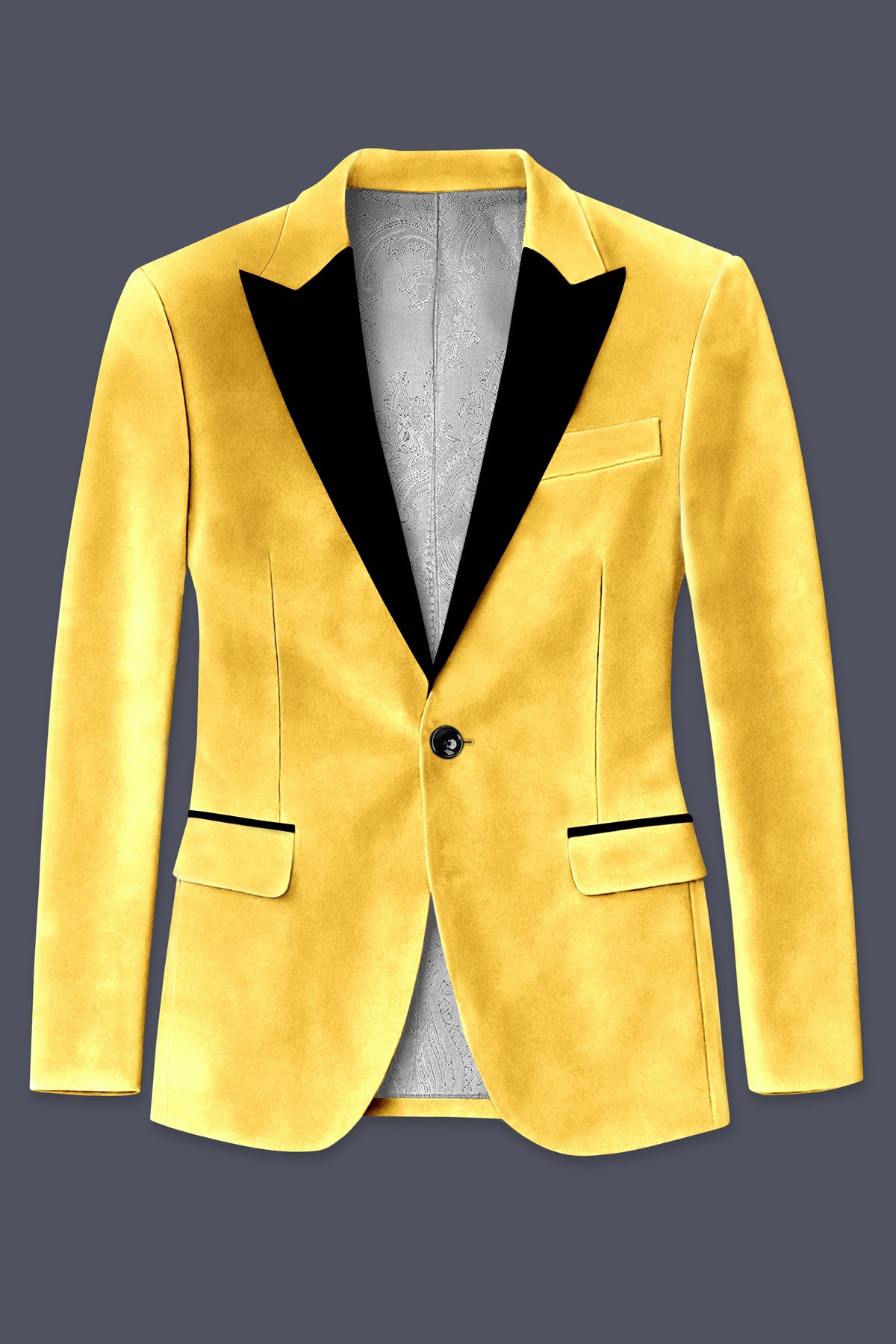 Lustre-Tulip Yellow Velvet Peak Lapel Tuxedo Blazer