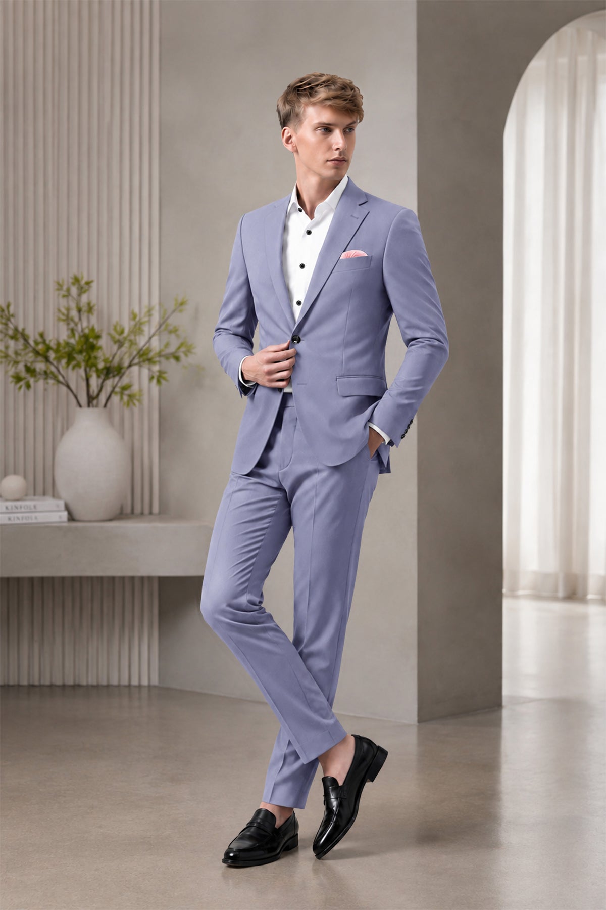Royale-Chatelle Purple Diamond Textured Wool Rich Slight Stretch Single Breasted Blazer
