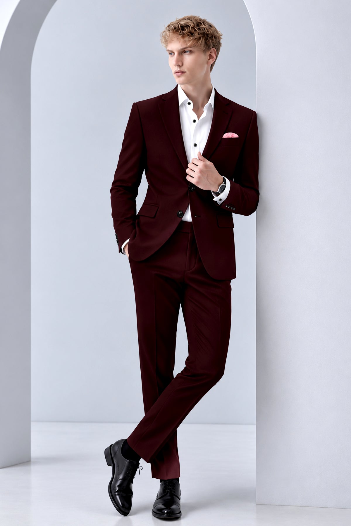 Ardent-Creole Maroon Diamond Textured Wool Rich Slight Stretch Single Breasted Blazer