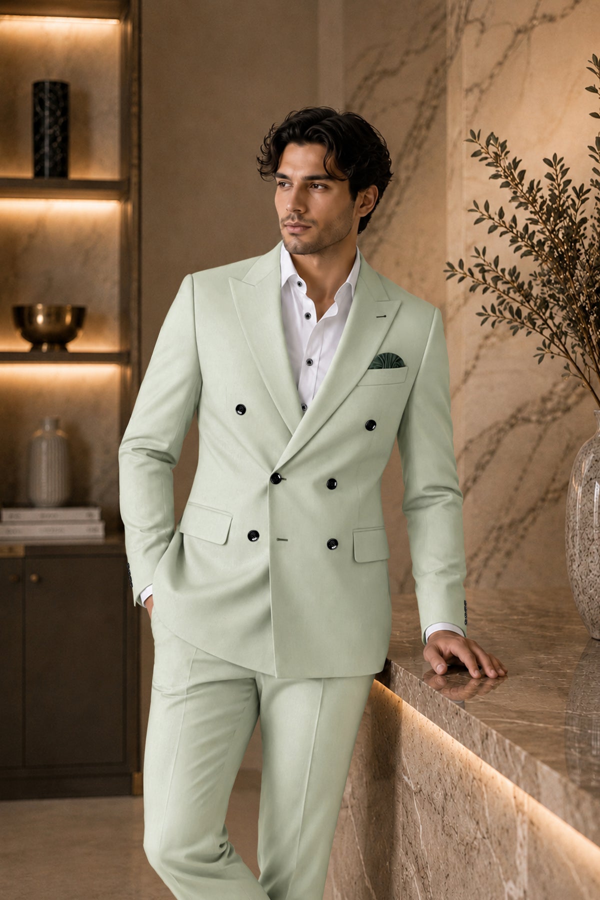 Olivier-Pixie Green Diamond Textured Wool Rich Slight Stretch Double Breasted Blazer