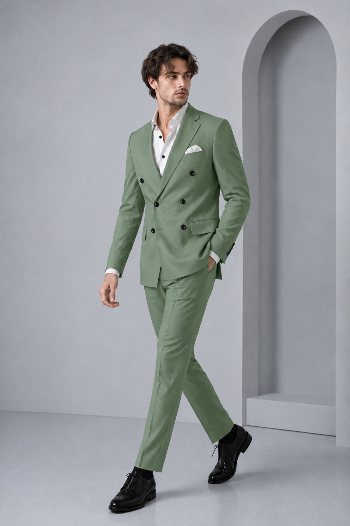 Avon-Glade Green Diamond Textured Wool Rich Slight Stretch Double Breasted Blazer