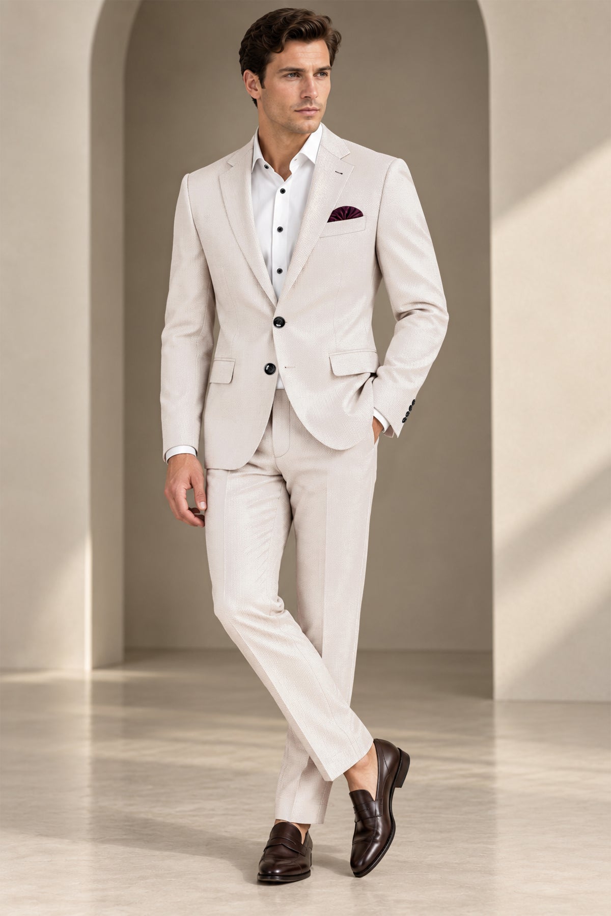 Dorian-Gainsboro Gray Diamond Textured Wool Rich Slight Stretch Single Breasted Blazer
