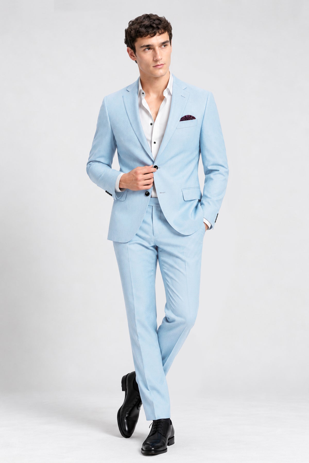 Azure-Hawkes Blue Diamond Textured Wool Rich Slight Stretch Single Breasted Blazer
