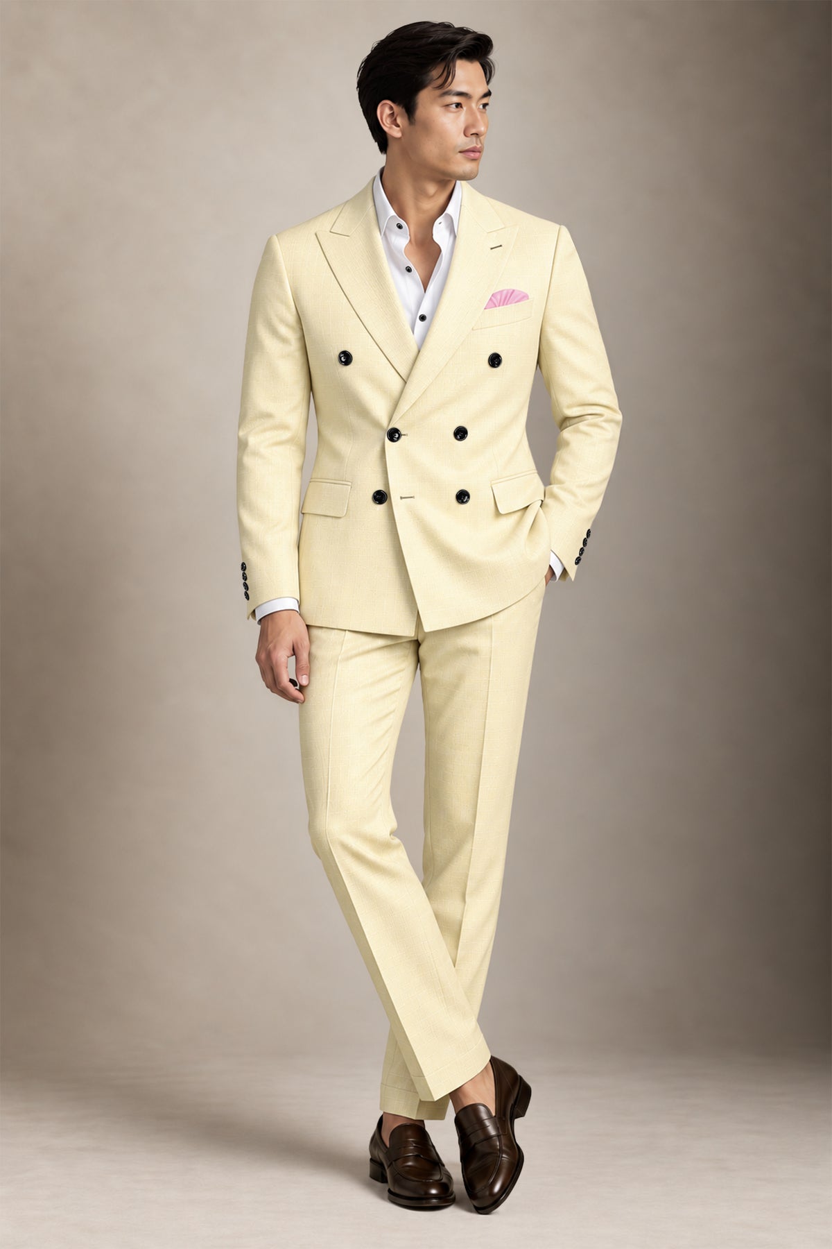 Lumine-Bavarian Cream Diamond Textured Wool Rich Slight Stretch Double Breasted Blazer